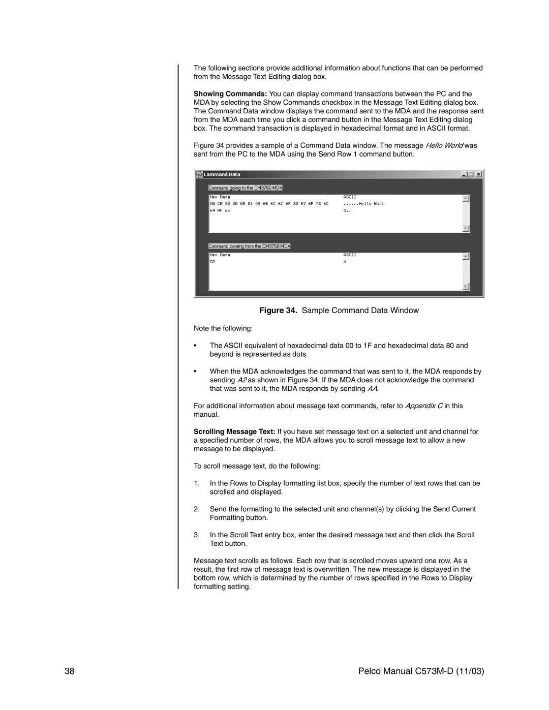 Pelco cs73m-d operation manual Sample Command Data Window 