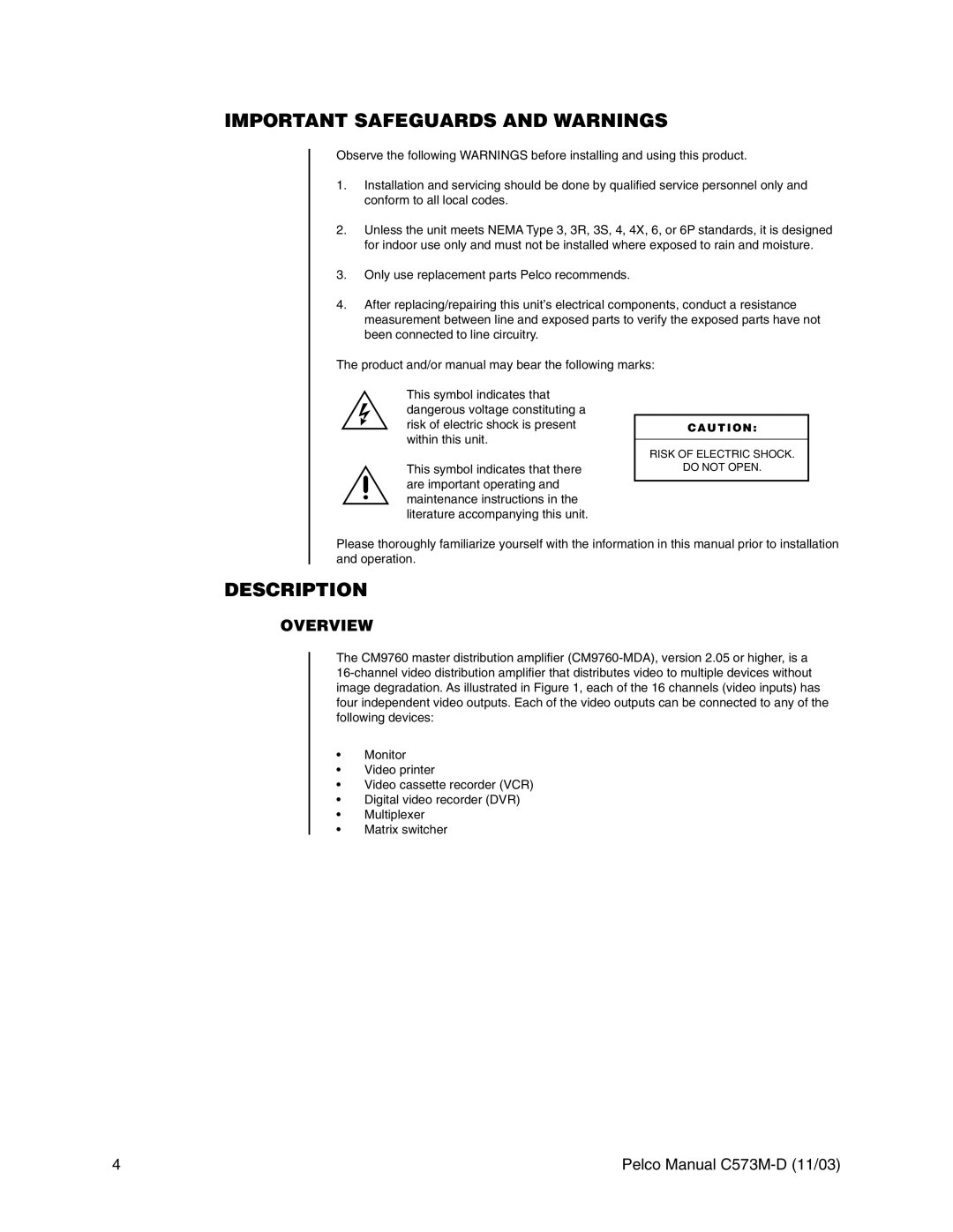 Pelco cs73m-d operation manual Important Safeguards and Warnings, Description, Overview 