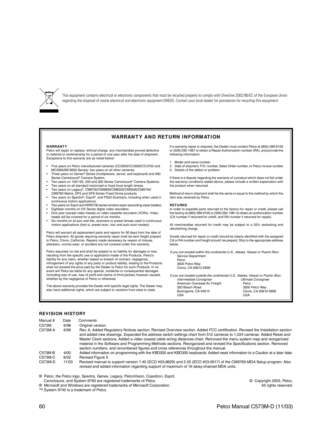 Pelco cs73m-d operation manual Warranty and Return Information, Revision History 