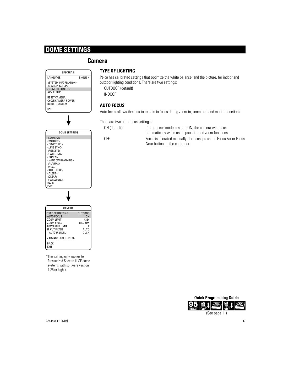 Pelco DD53CBW-X manual Dome Settings, Camera, Type of Lighting, Auto Focus, Indoor 