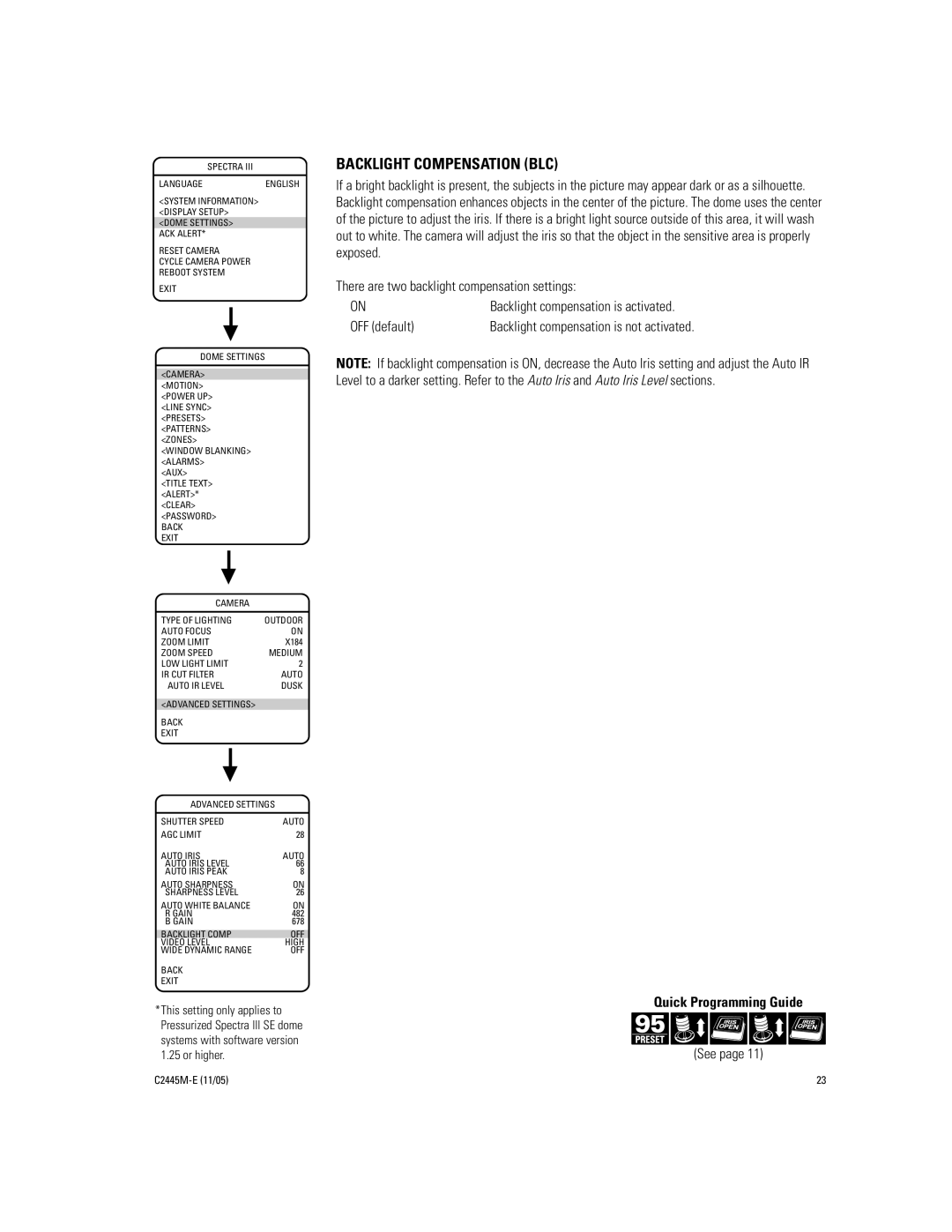 Pelco DD53CBW-X manual Backlight Compensation BLC, There are two backlight compensation settings, OFF default 