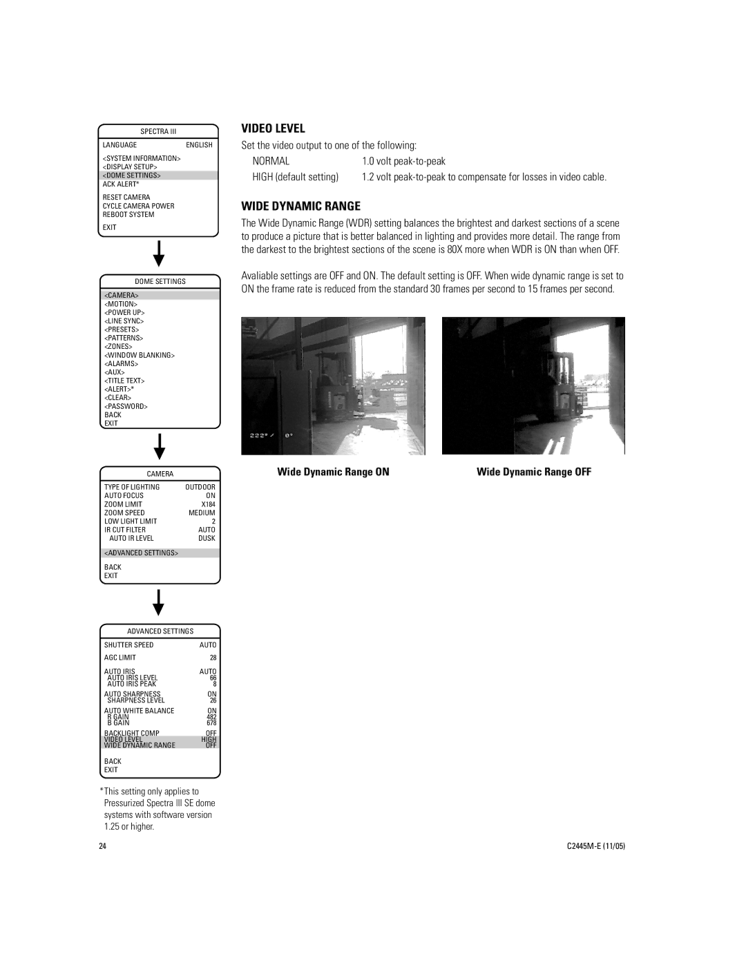 Pelco DD53CBW-X manual Video Level, Normal, Wide Dynamic Range on 