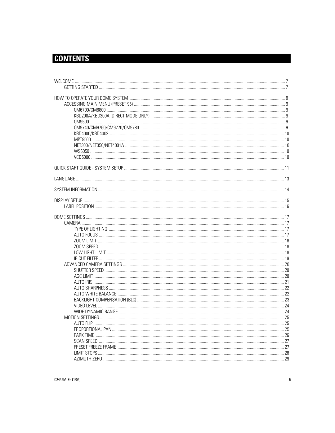 Pelco DD53CBW-X manual Contents 