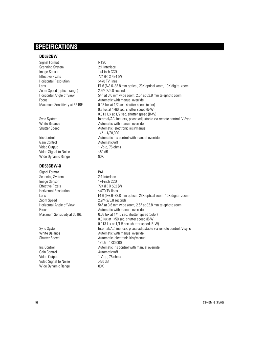 Pelco DD53CBW-X manual Specifications, Ntsc, Pal 