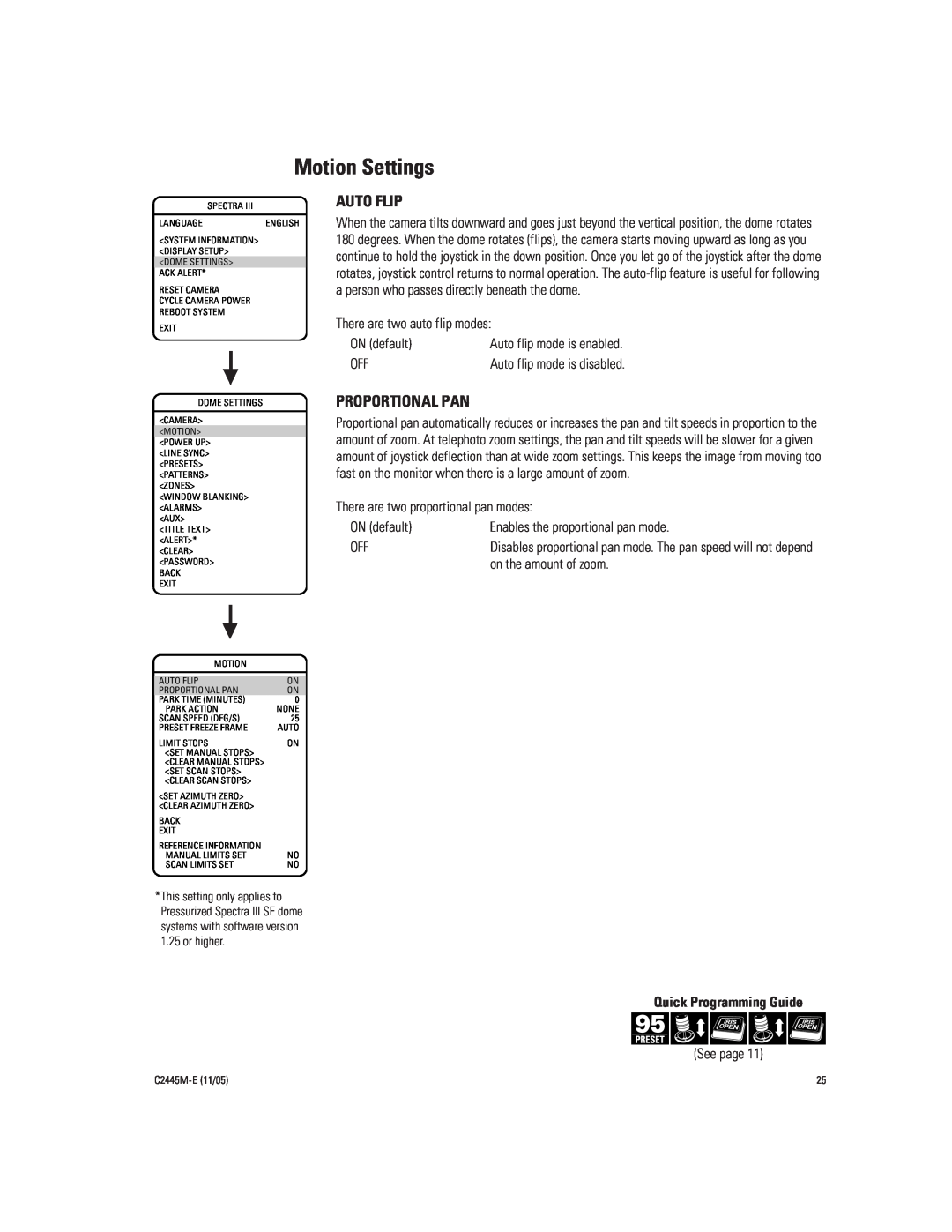 Pelco DD53CBW-X manual Motion Settings, Auto Flip, Proportional Pan, Quick Programming Guide 