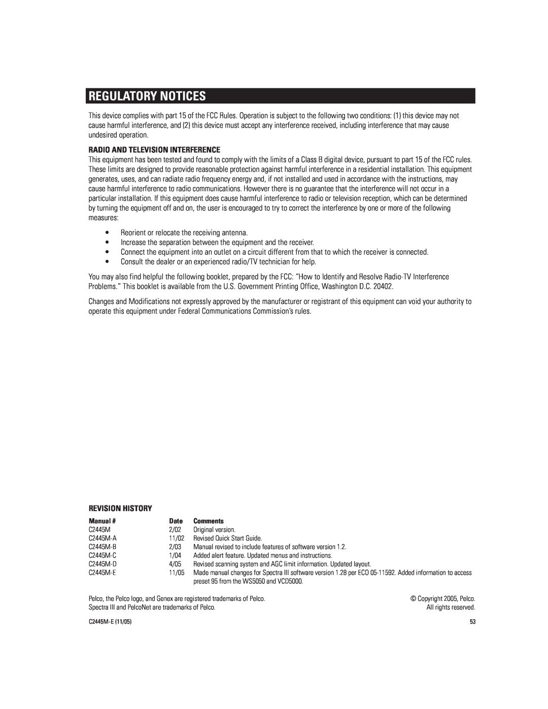 Pelco DD53CBW-X manual Regulatory Notices, Radio And Television Interference, Revision History 