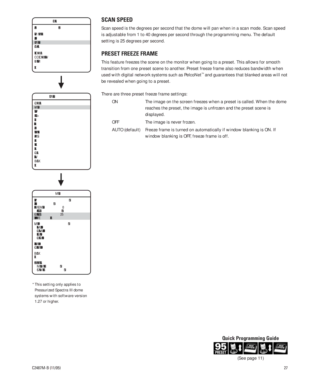 Pelco DD53CBW18-X manual Scan Speed, Preset Freeze Frame 