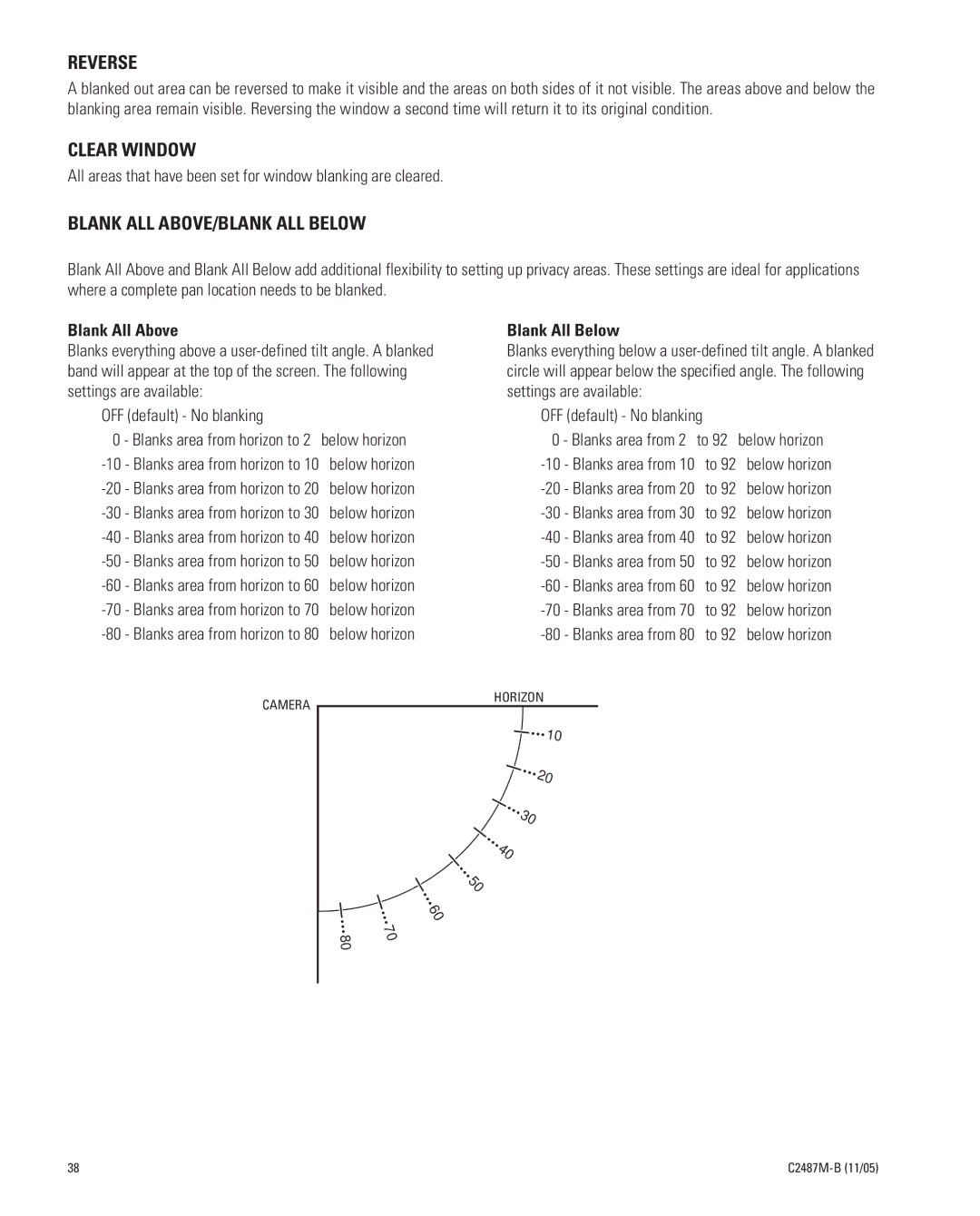 Pelco DD53CBW18-X manual Reverse, Clear Window, Blank ALL ABOVE/BLANK ALL below, Blank All Above, Blank All Below 