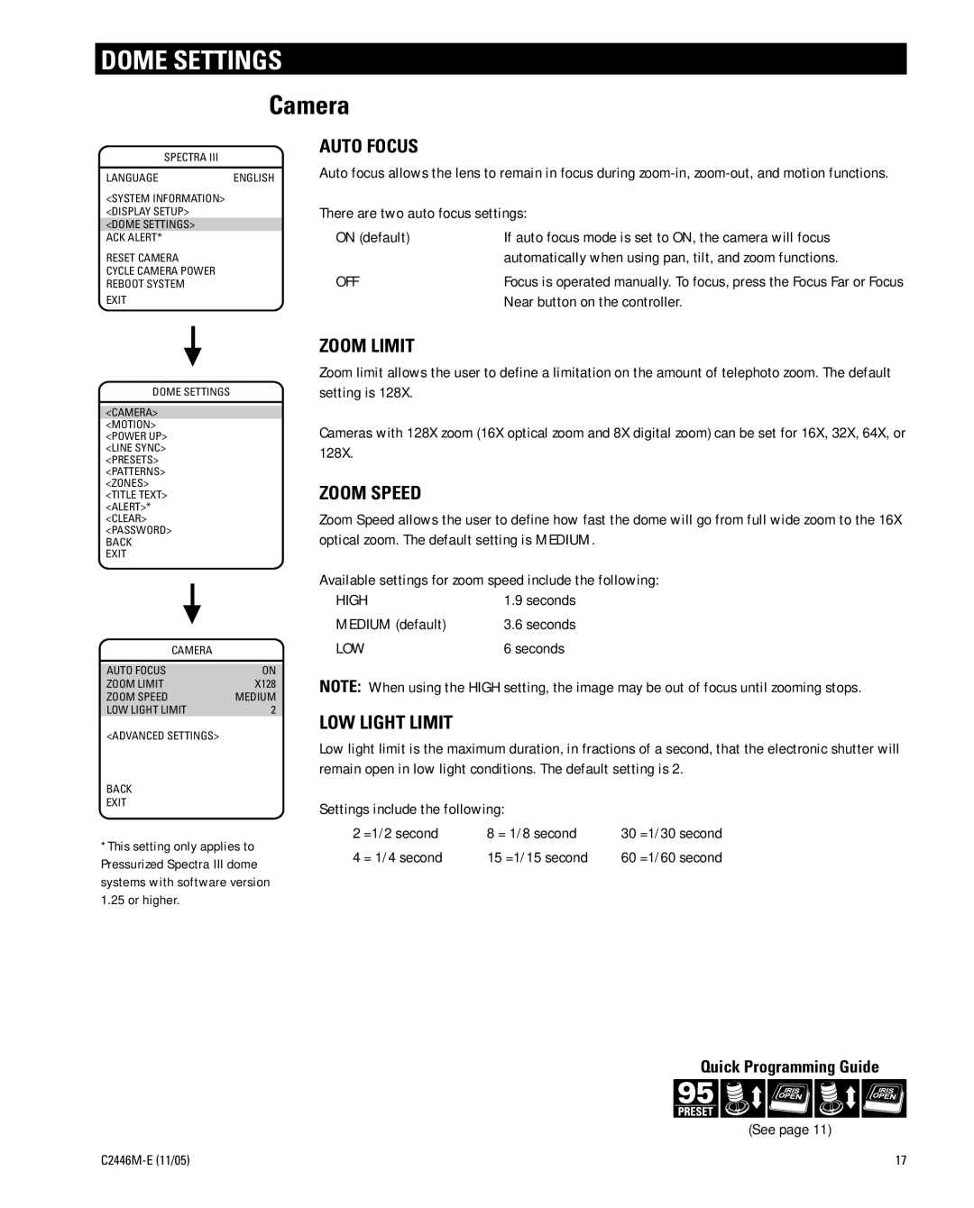 Pelco DD53TC16-X manual Dome Settings, Camera 