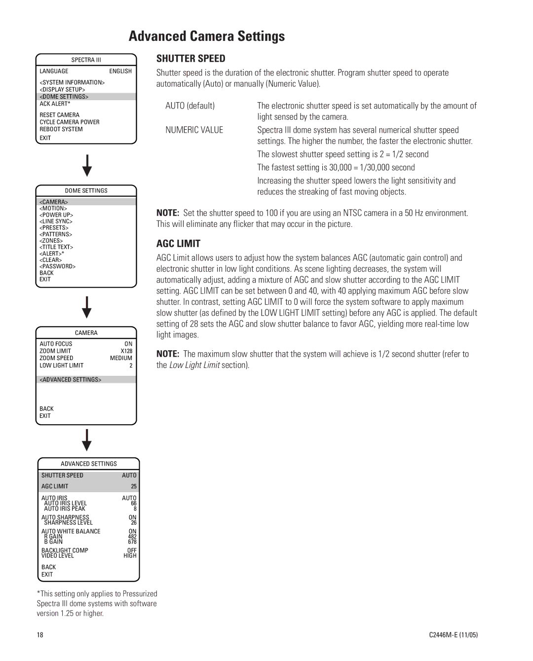 Pelco DD53TC16-X manual Advanced Camera Settings, Shutter Speed, AGC Limit, Numeric Value 