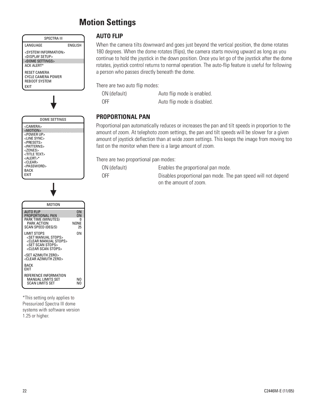 Pelco DD53TC16-X manual Motion Settings, Auto Flip, Proportional PAN, There are two auto flip modes On default 