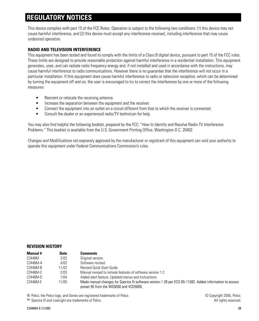 Pelco DD53TC16-X manual Regulatory Notices, Radio and Television Interference 