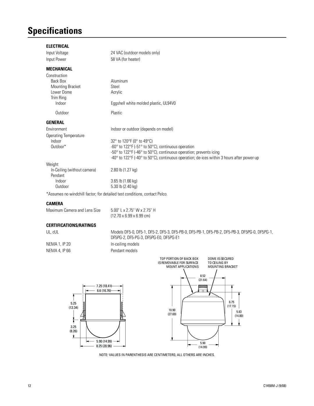 Pelco DF5 manual Specifications, Mechanical 