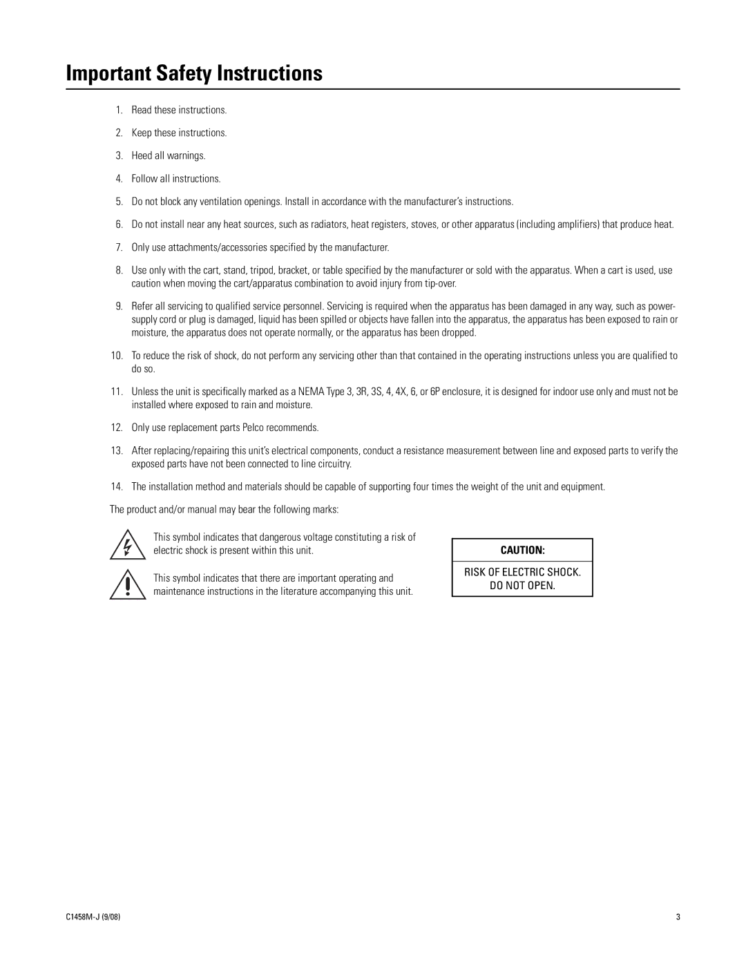 Pelco DF5 manual Important Safety Instructions 