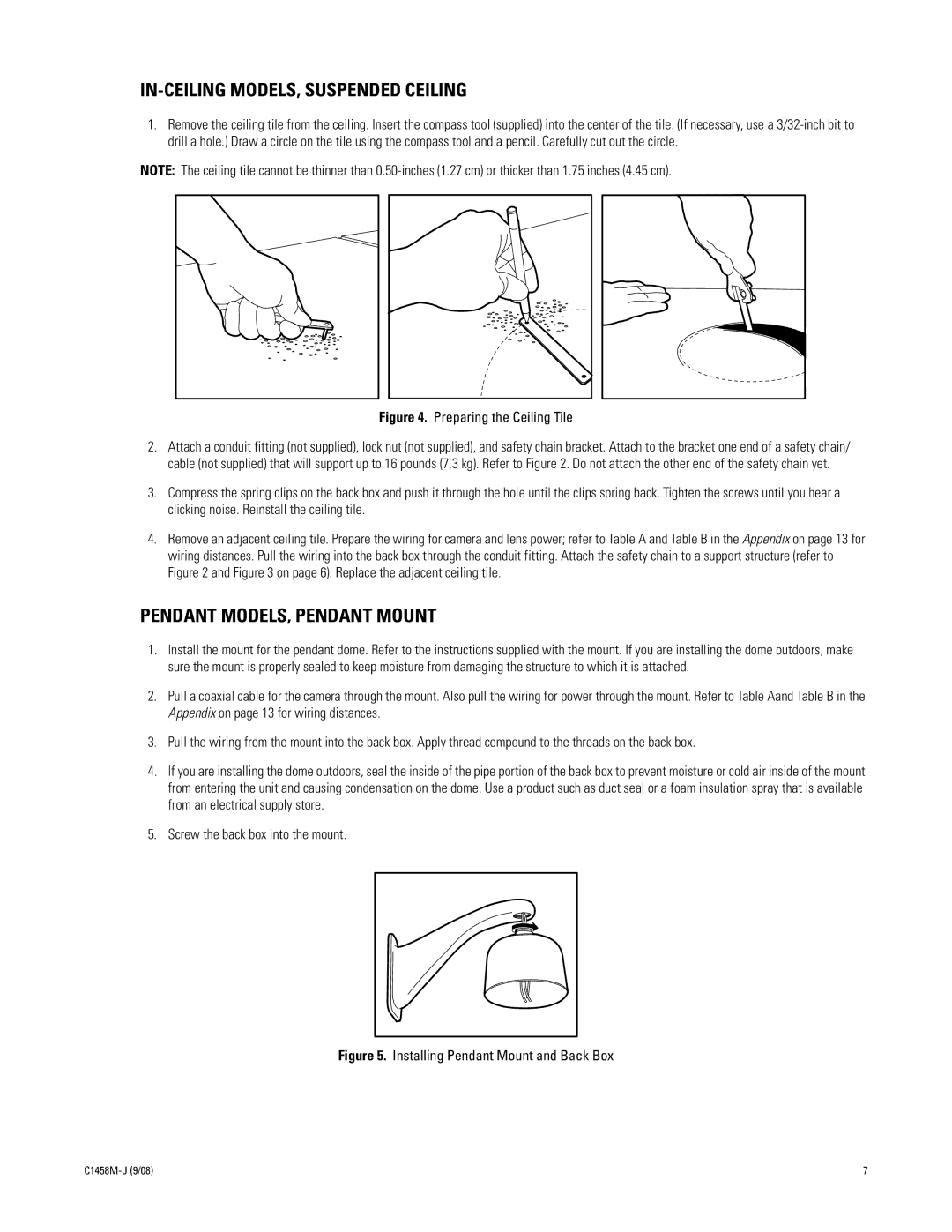 Pelco DF5 manual IN-CEILING MODELS, Suspended Ceiling, Pendant MODELS, Pendant Mount 