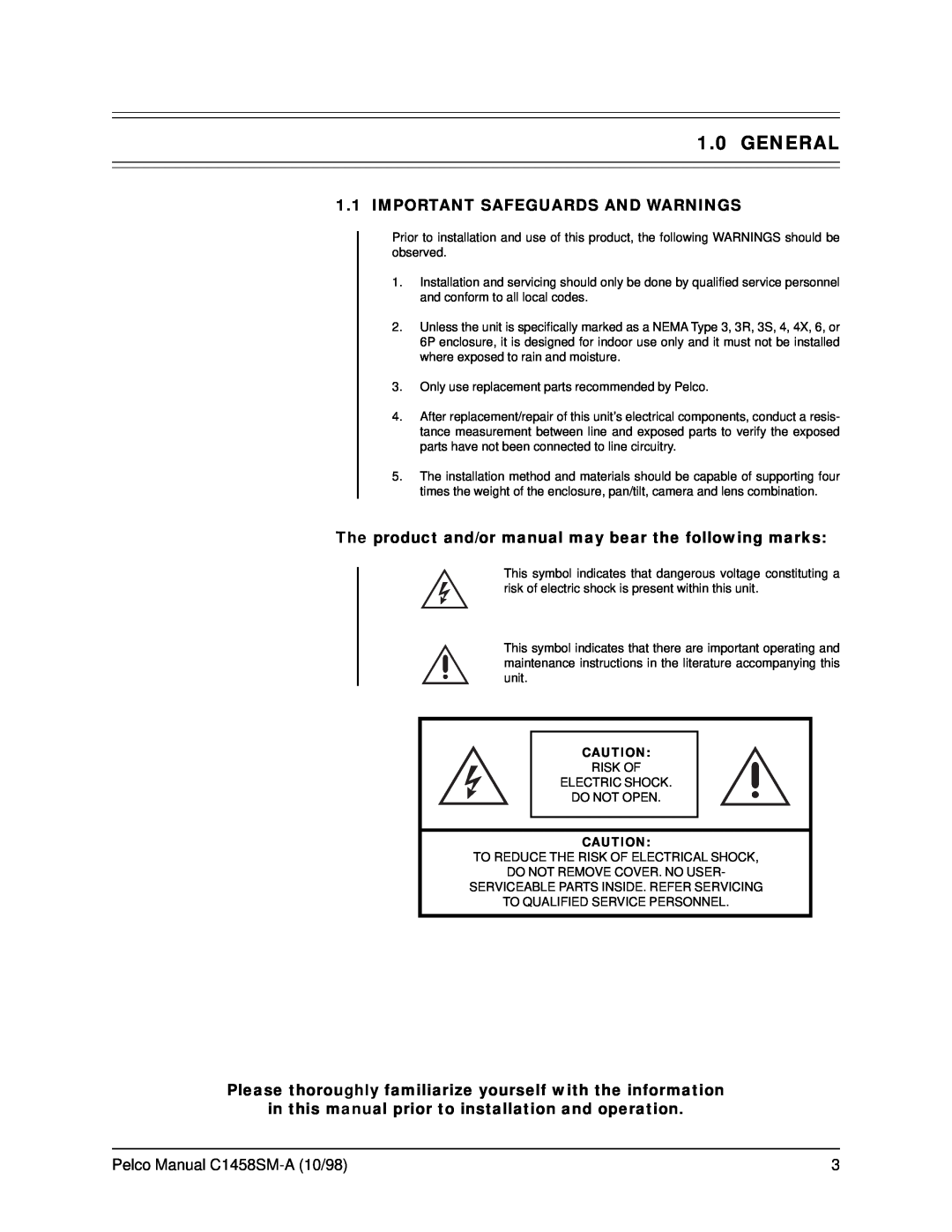 Pelco DF5S service manual General, Important Safeguards And Warnings, Pelco Manual C1458SM-A10/98 