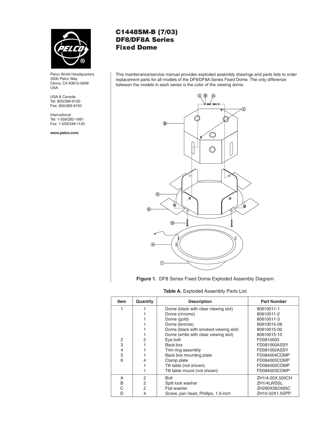 Pelco service manual C1448SM-B 7/03 DF8/DF8A Series Fixed Dome, Quantity Description Part Number, ZH1/4LWSSL, Usa 