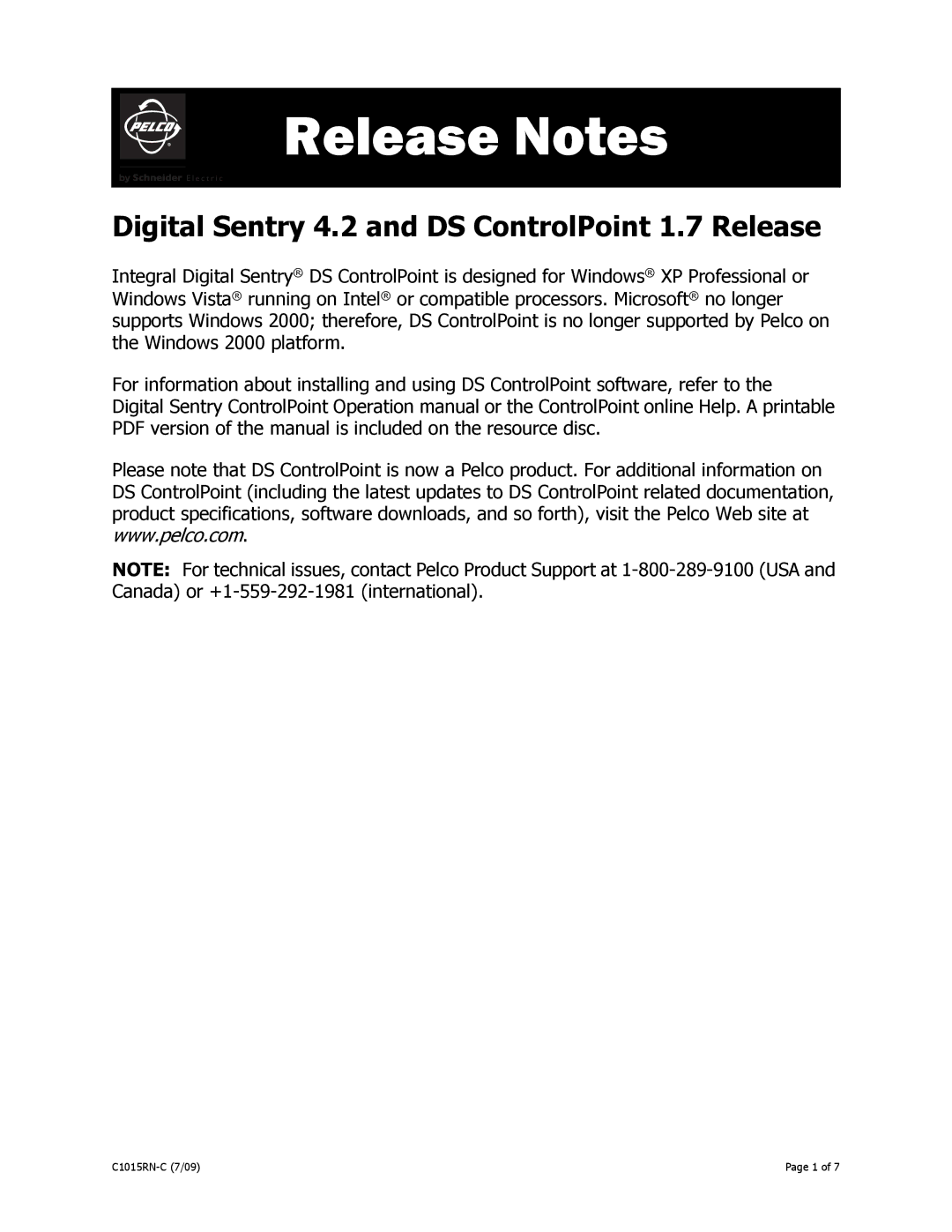 Pelco DS CONTROLPOINT 1.7 operation manual Release Notes, Digital Sentry 4.2 and DS ControlPoint 1.7 Release 