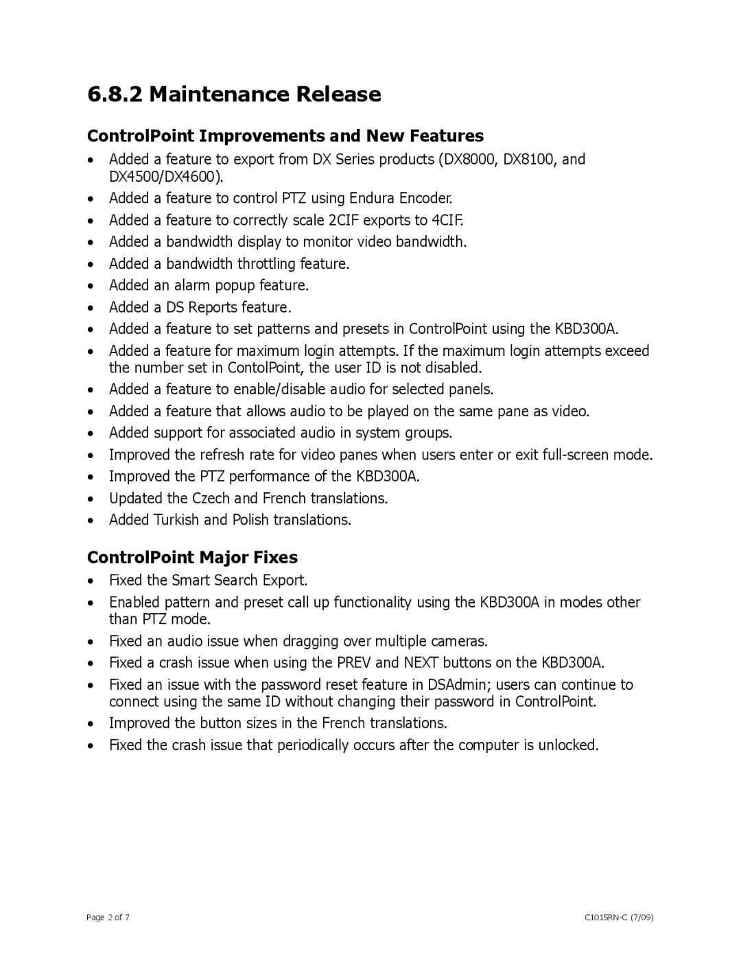 Pelco DS CONTROLPOINT 1.7 Maintenance Release, ControlPoint Improvements and New Features, ControlPoint Major Fixes 