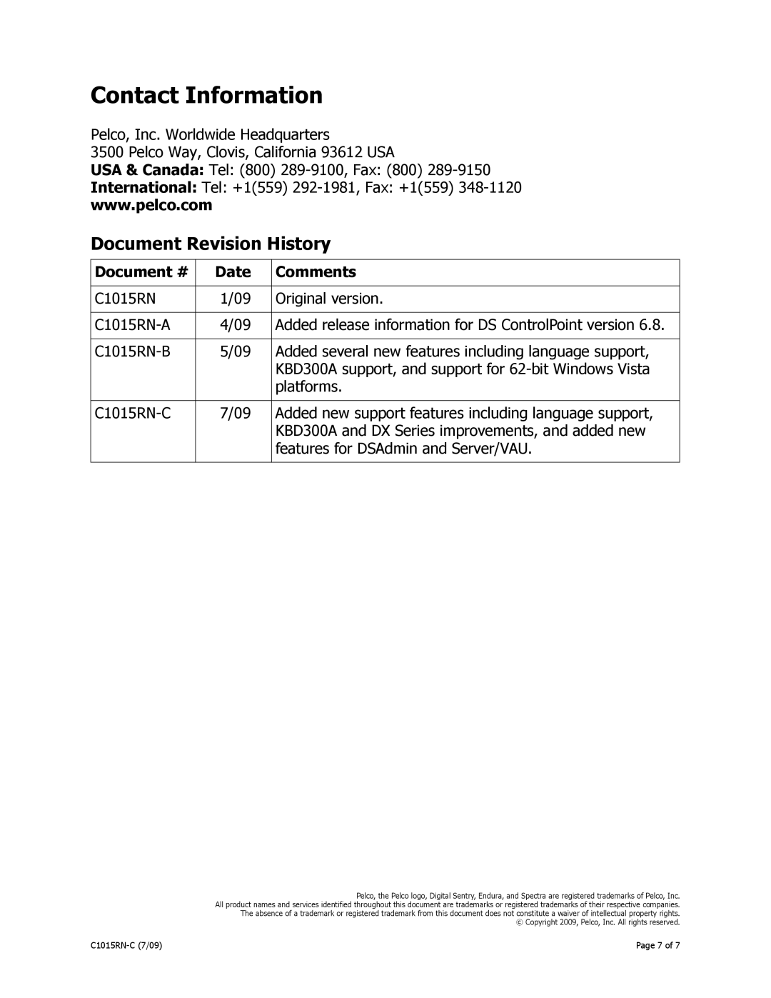 Pelco DS CONTROLPOINT 1.7 operation manual Contact Information, Document Revision History 