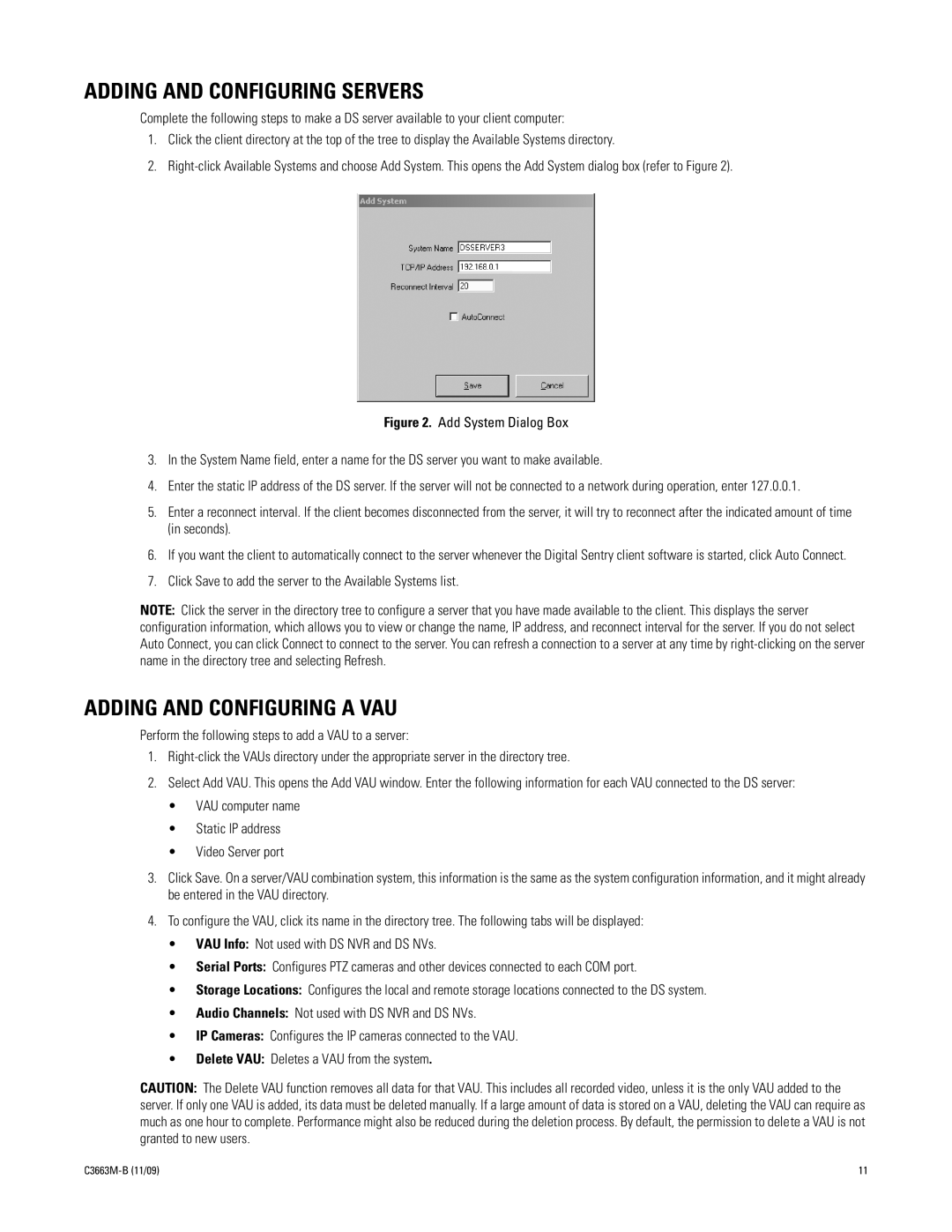 Pelco DS NVS manual Adding and Configuring Servers, Adding and Configuring a VAU 