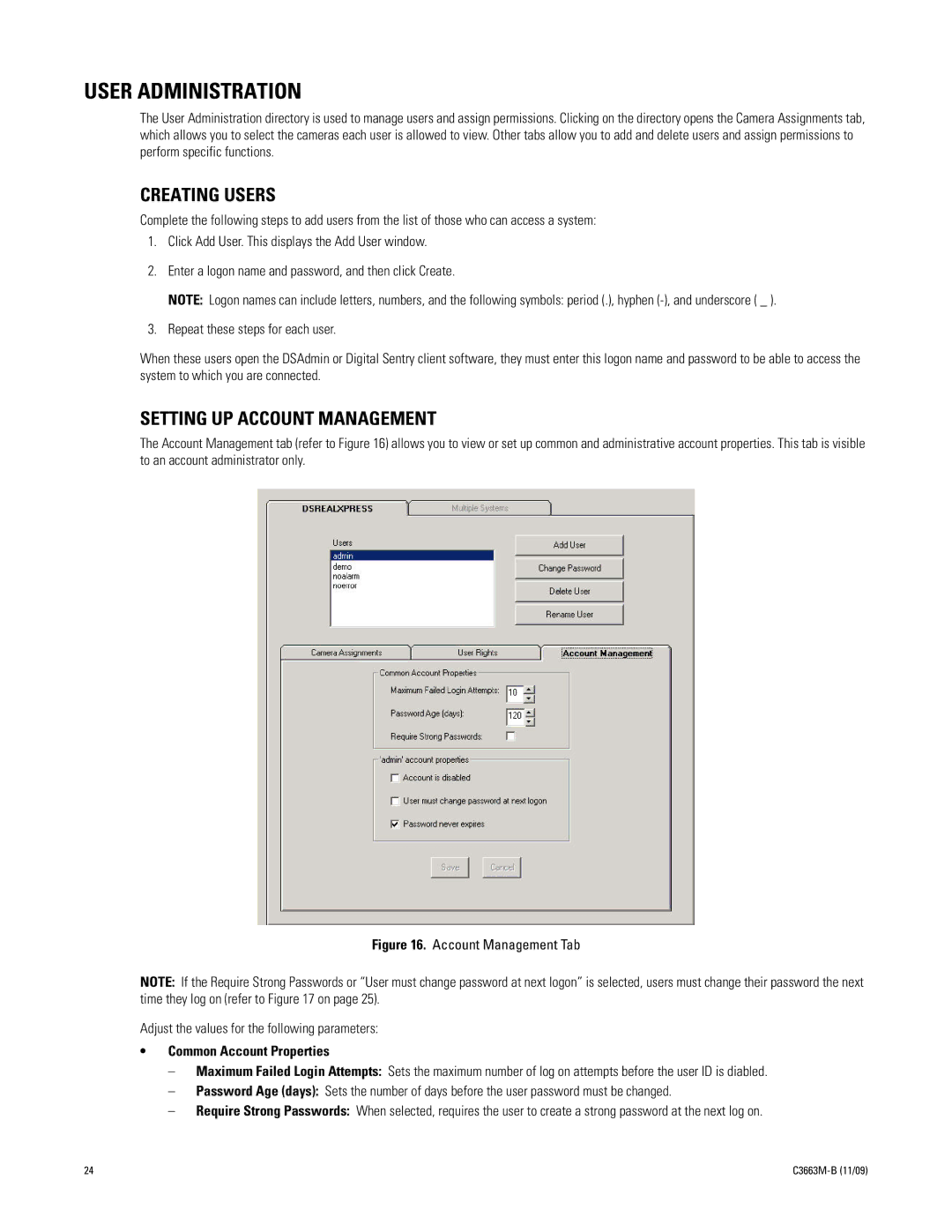 Pelco DS NVS manual User Administration, Creating Users, Setting UP Account Management 