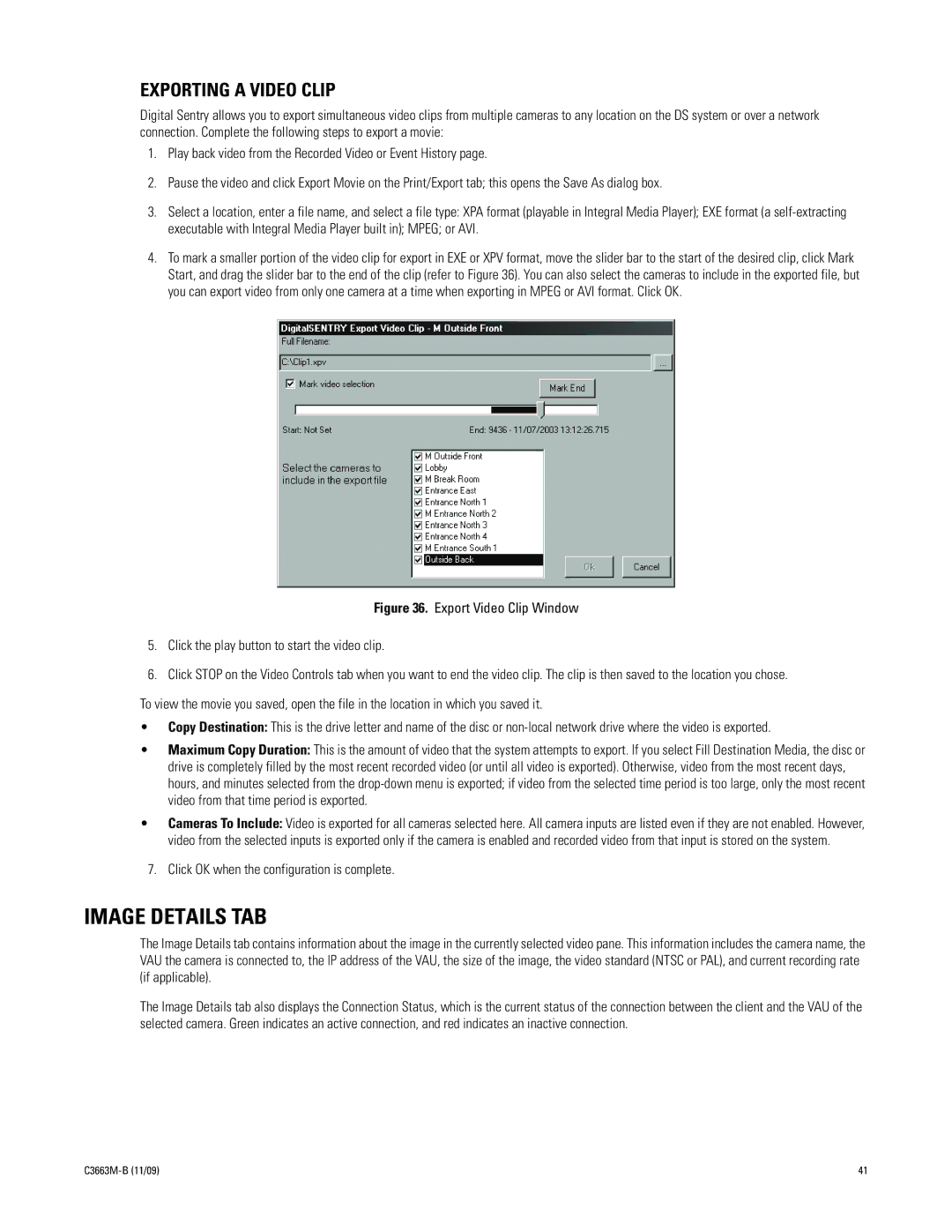 Pelco DS NVS manual Image Details TAB, Exporting a Video Clip 