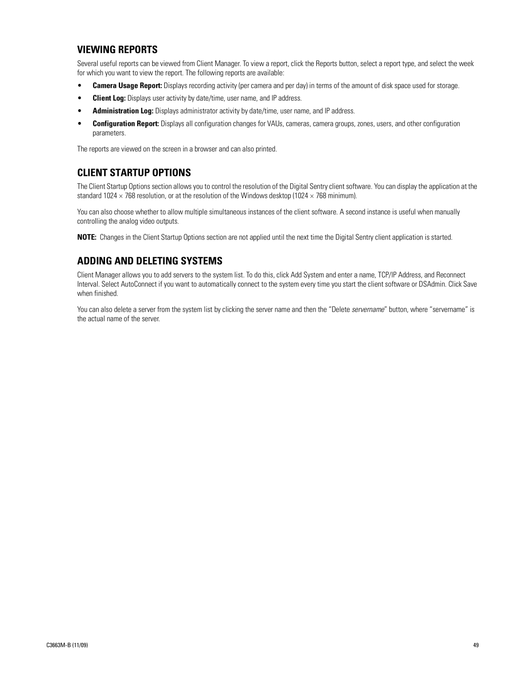 Pelco DS NVS manual Viewing Reports, Client Startup Options, Adding and Deleting Systems 