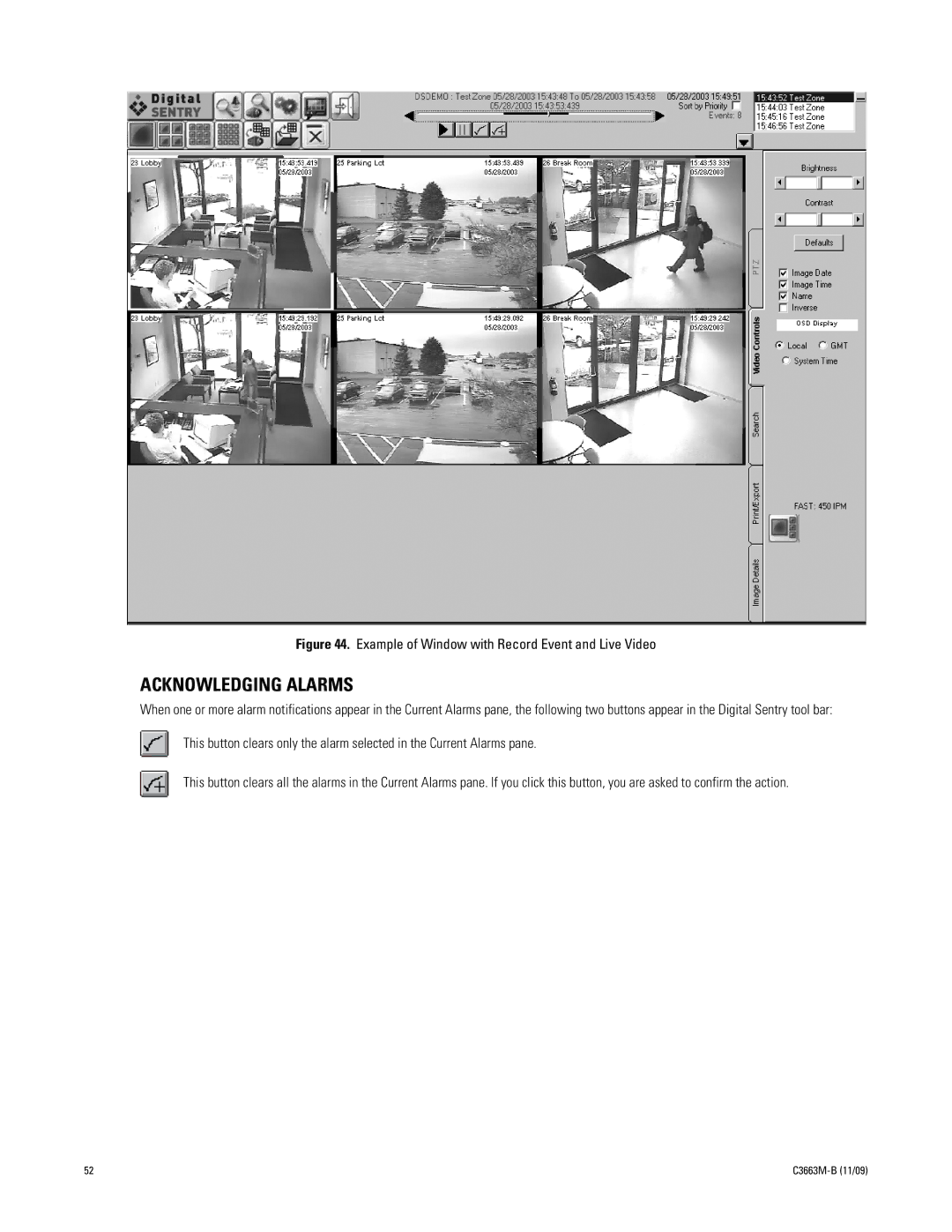 Pelco DS NVS manual Acknowledging Alarms, Example of Window with Record Event and Live Video 