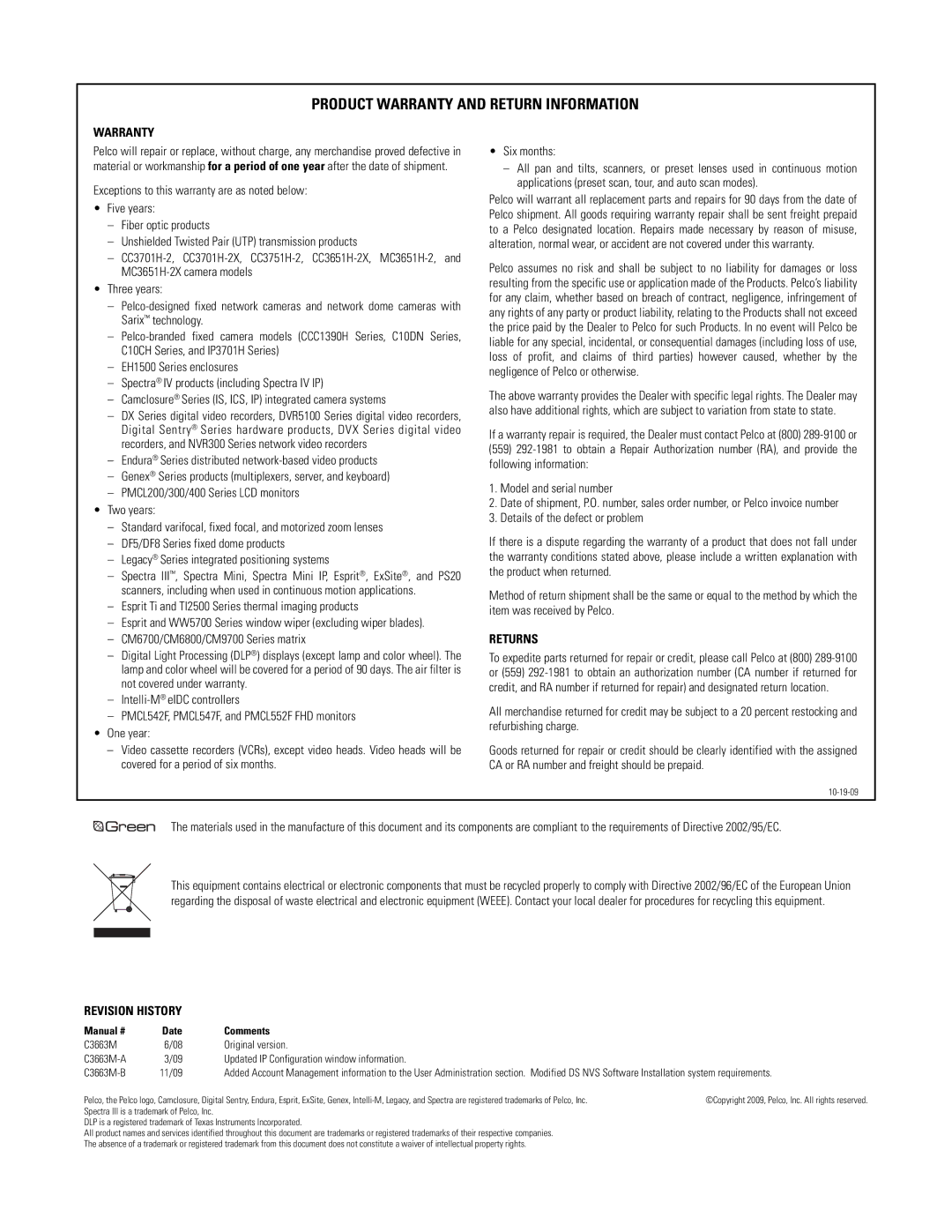 Pelco DS NVS manual Product Warranty and Return Information 