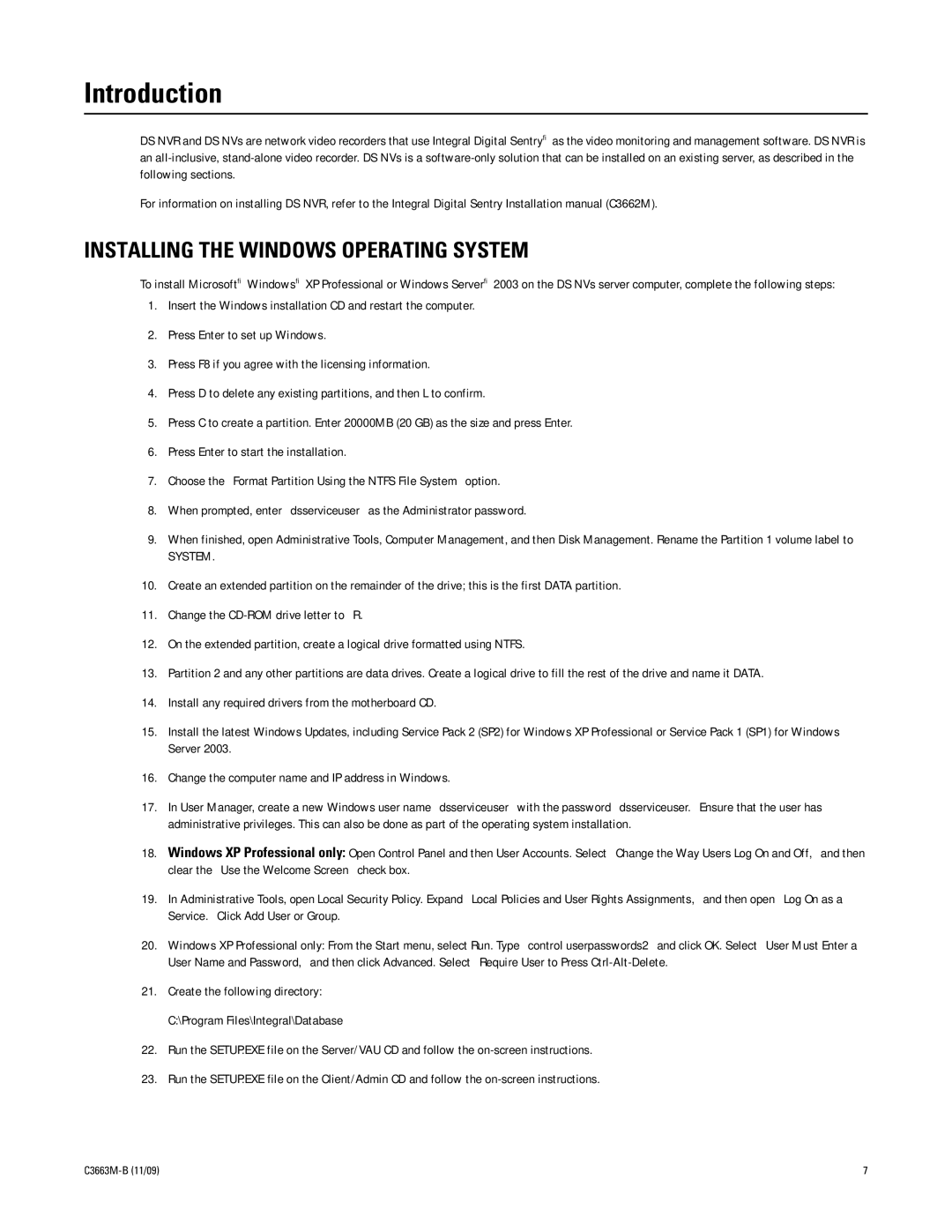 Pelco DS NVS manual Introduction, Installing the Windows Operating System 