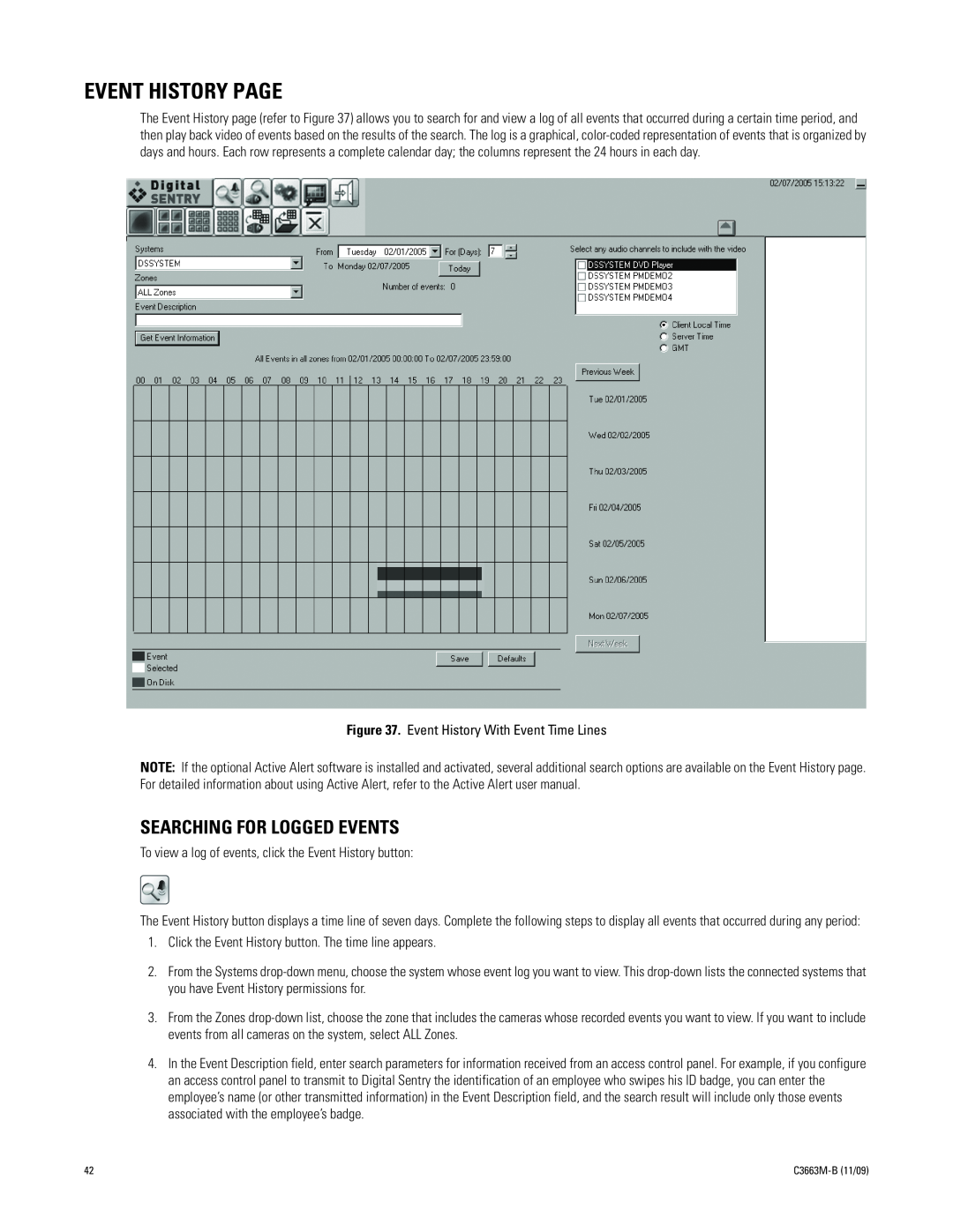 Pelco DS NVS manual Event History Page, Searching For Logged Events 
