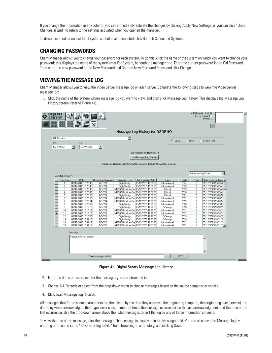 Pelco DS NVS manual Changing Passwords, Viewing The Message Log 
