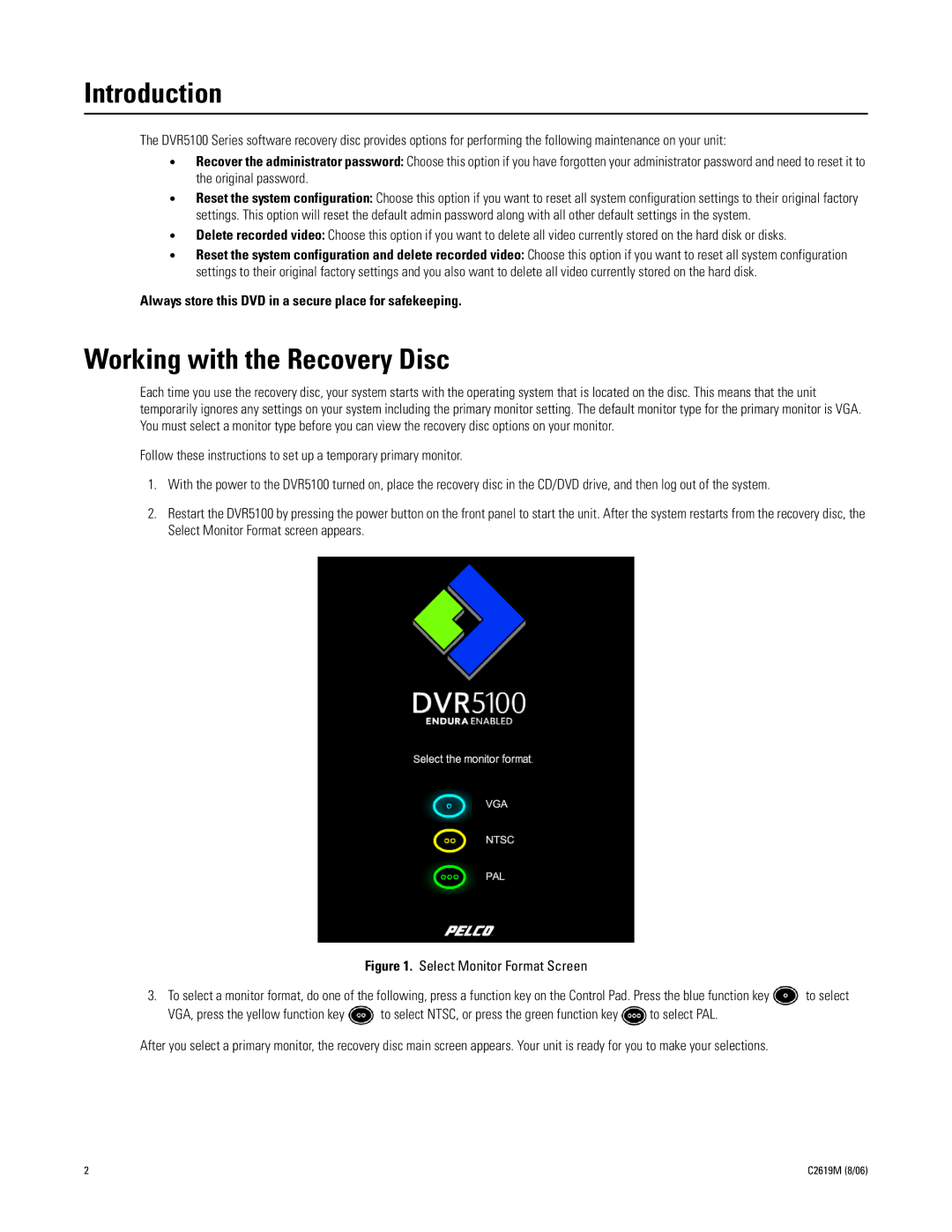 Pelco DVR5100 Series manual Introduction, Working with the Recovery Disc 