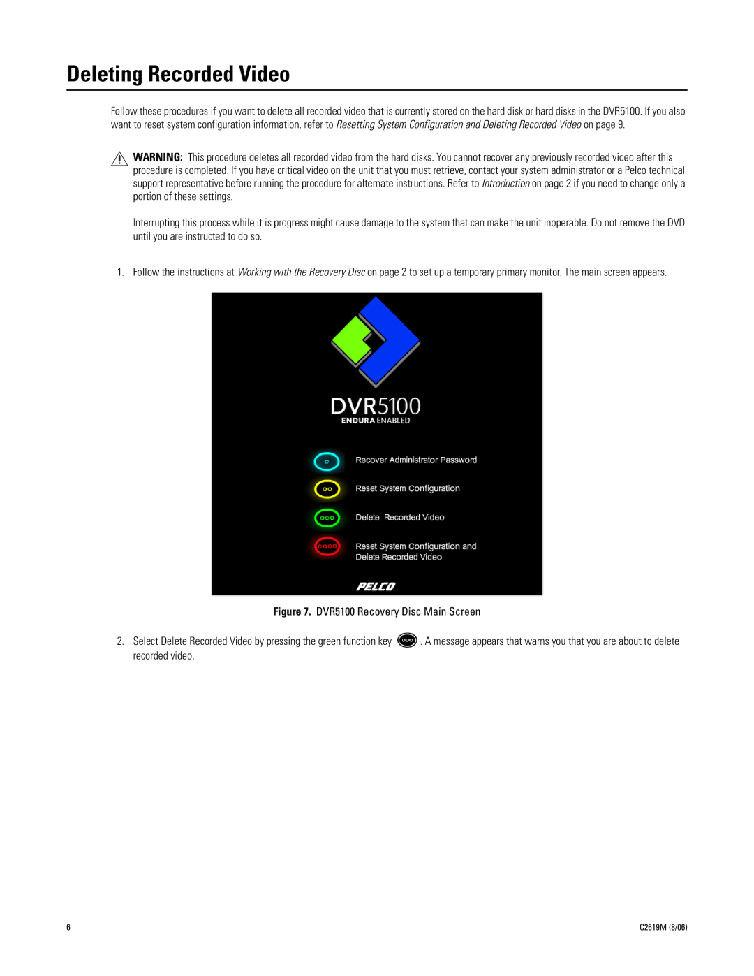 Pelco DVR5100 Series manual Deleting Recorded Video 