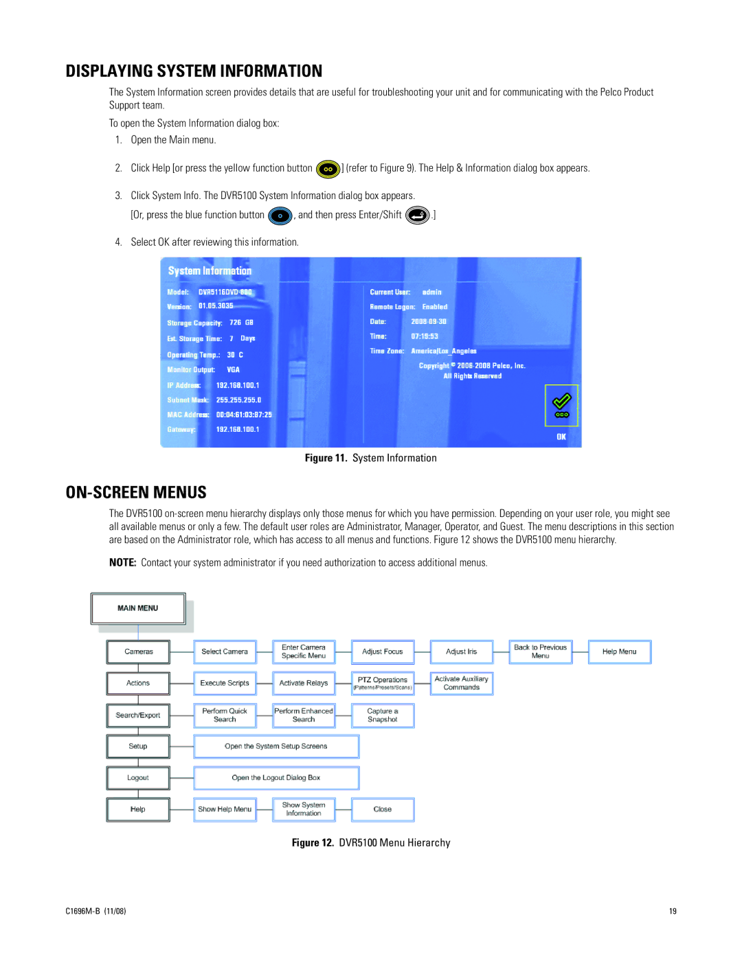 Pelco DVR5100 Series manual Displaying System Information, ON-SCREEN Menus 