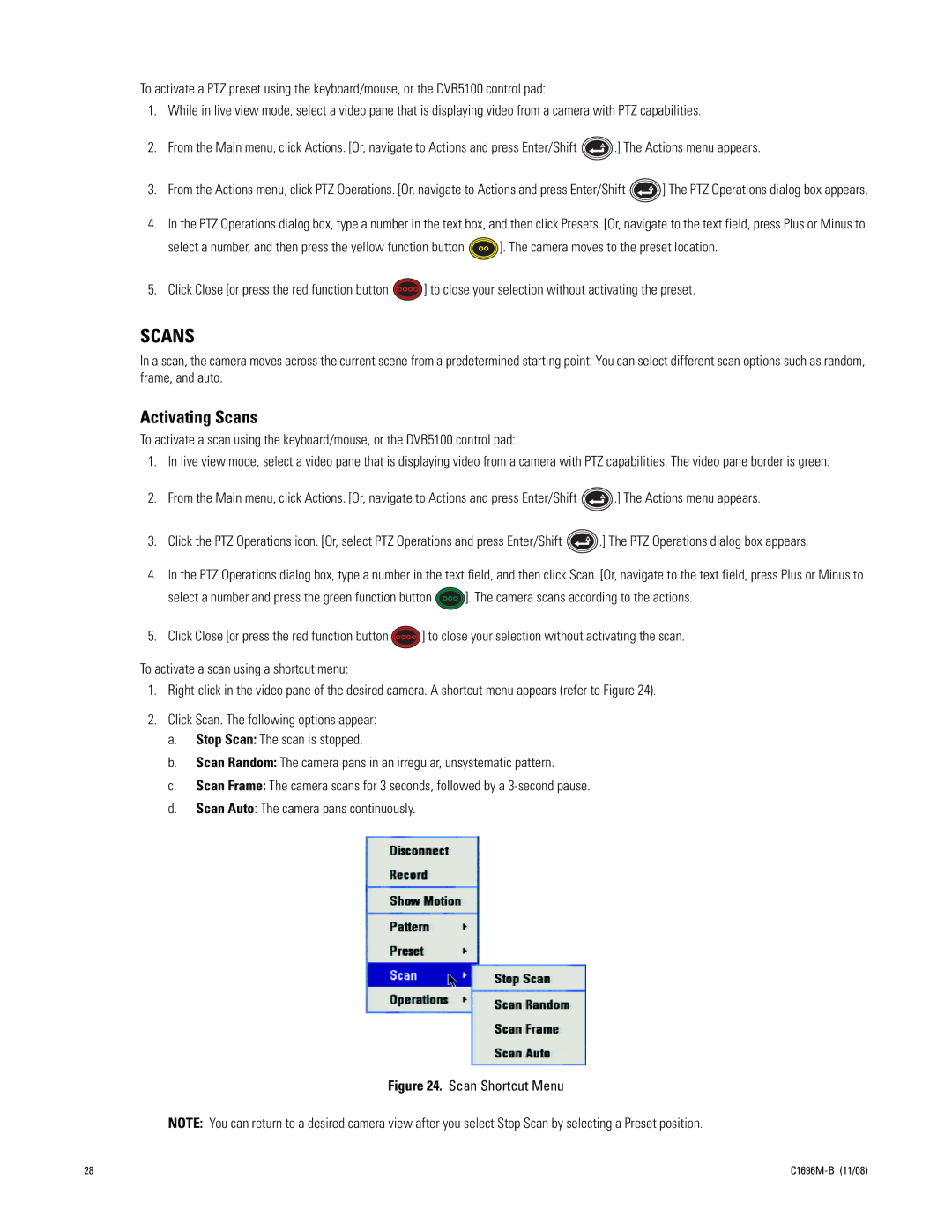 Pelco DVR5100 Series manual Scans, Scan Shortcut Menu 