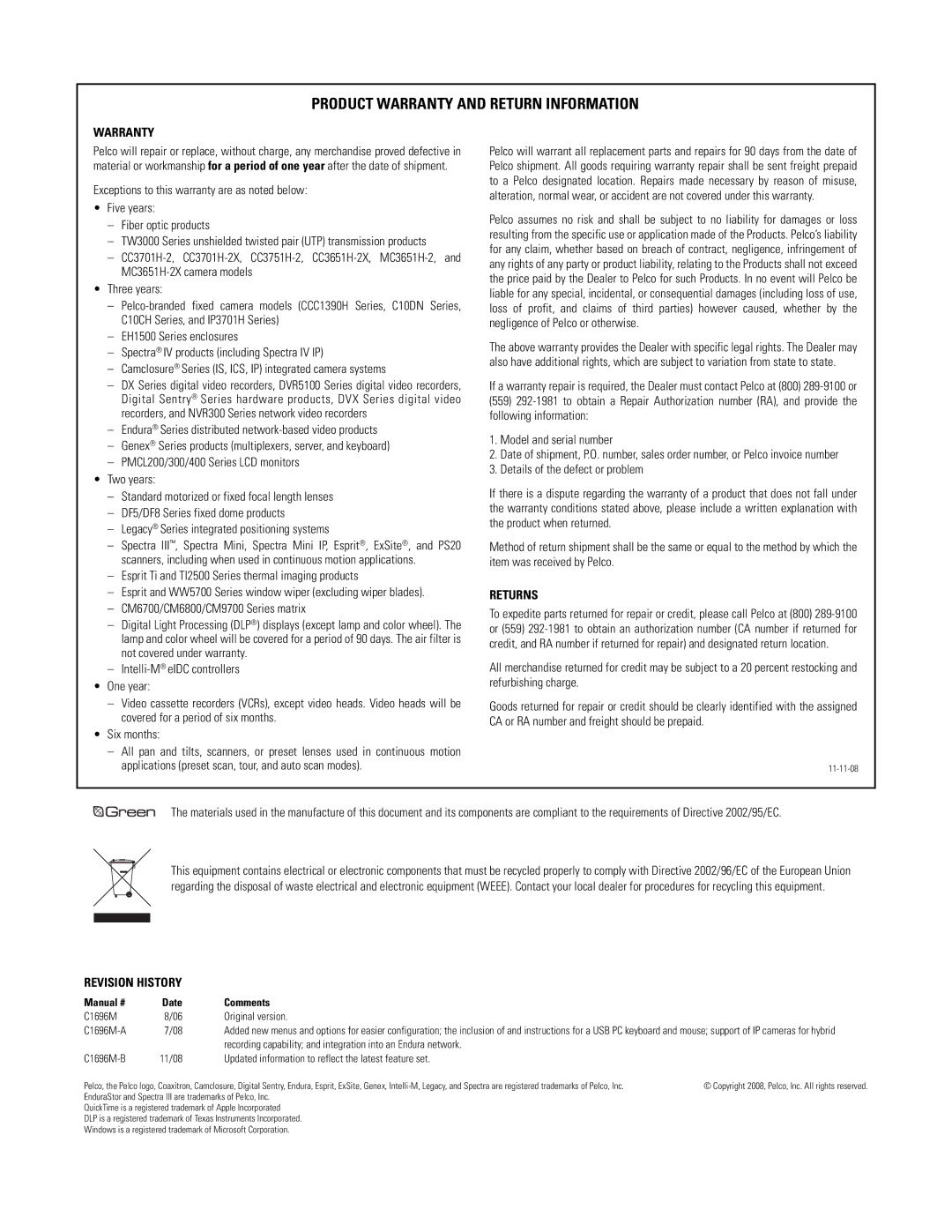 Pelco DVR5100 Series manual Product Warranty and Return Information 