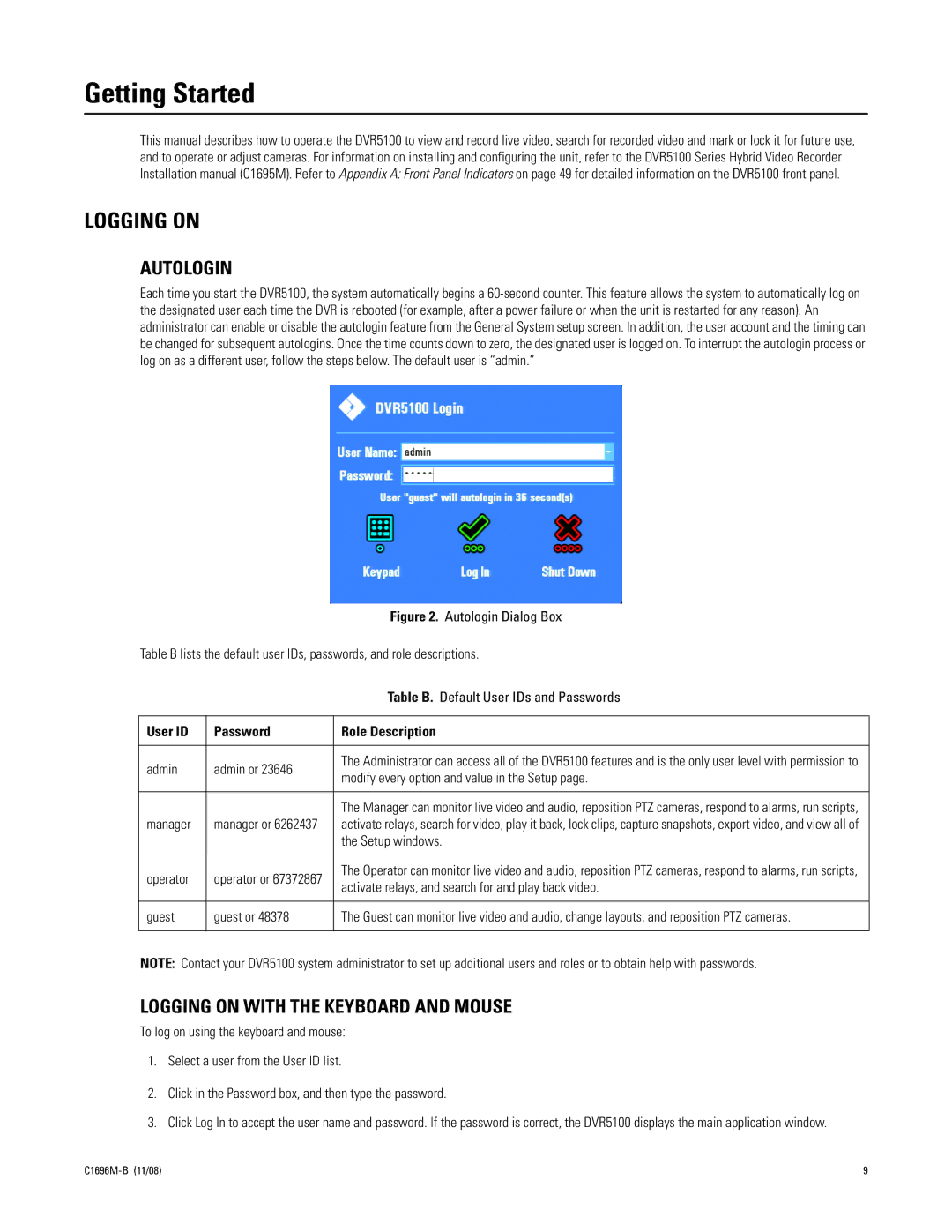 Pelco DVR5100 Series manual Getting Started, Autologin, Logging on with the Keyboard and Mouse 