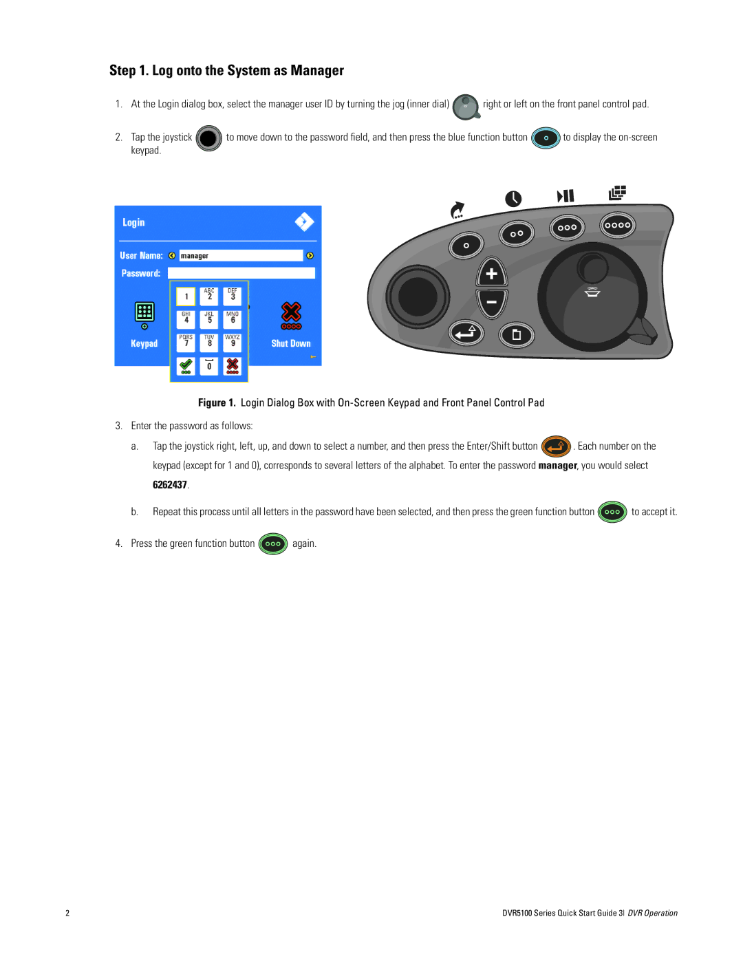 Pelco DVR5100 quick start Log onto the System as Manager, Tap the joystick, Keypad, Press the green function button again 