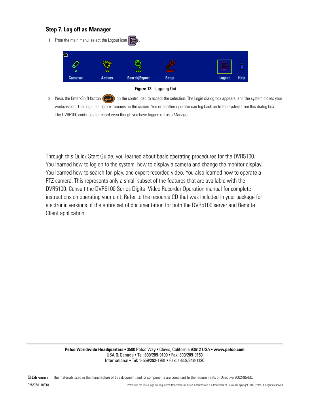 Pelco DVR5100 quick start Log off as Manager, From the main menu, select the Logout icon 