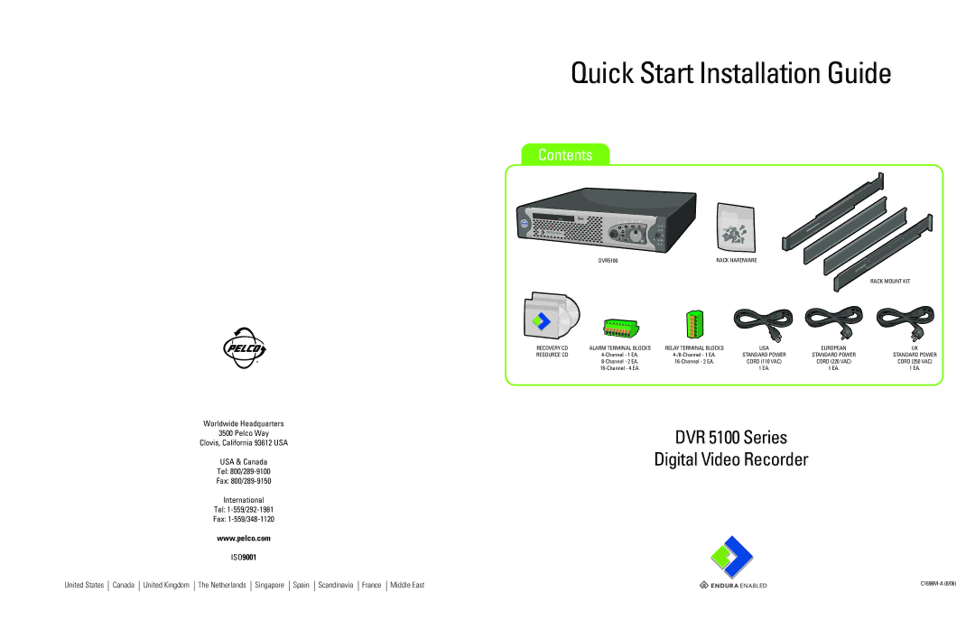 Pelco DVR5100 quick start Quick Start Installation Guide, DVR 5100 Series Digital Video Recorder, Contents 