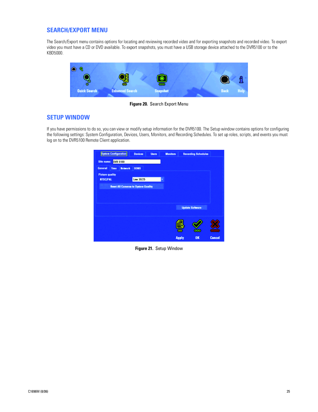 Pelco DVR5100 manual SEARCH/EXPORT Menu, Setup Window 