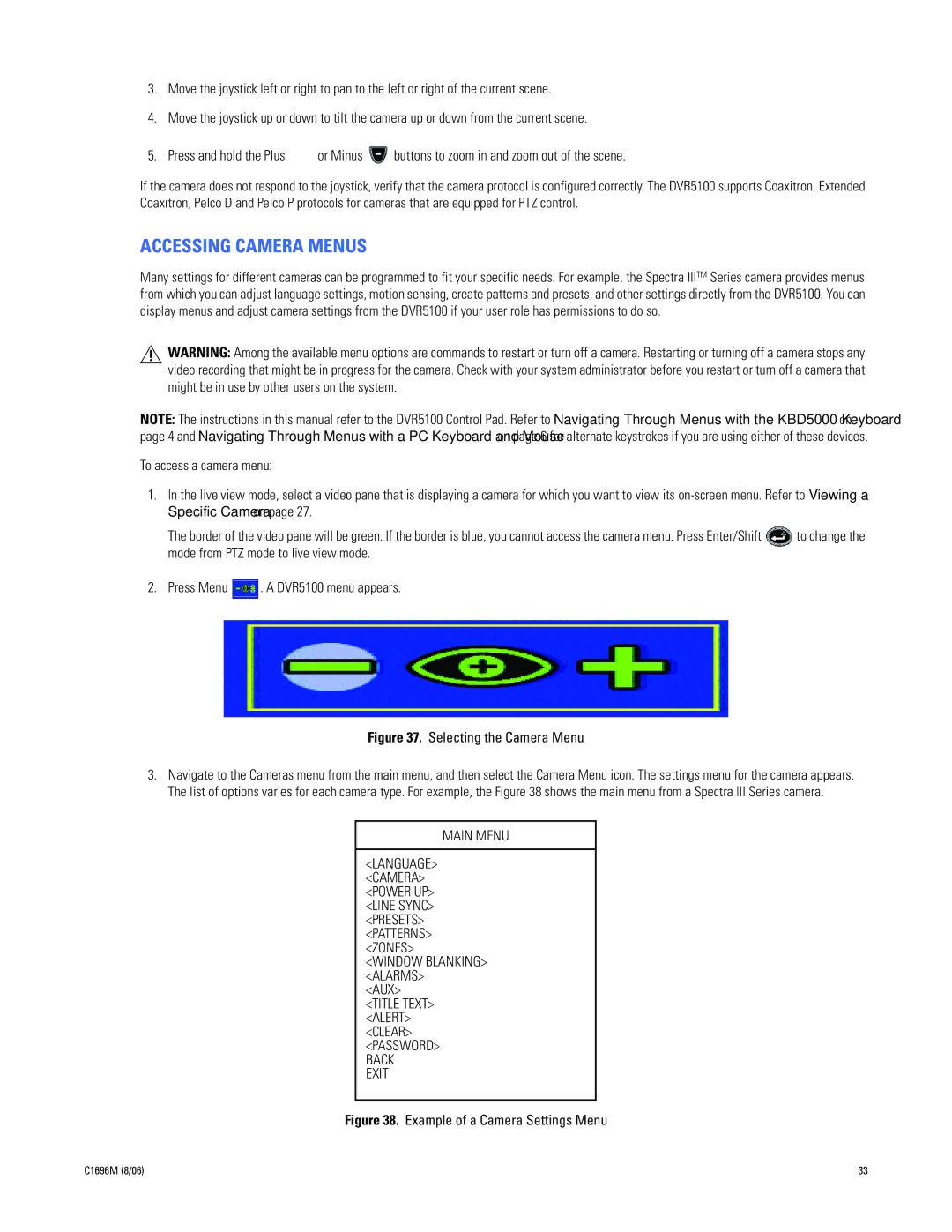 Pelco DVR5100 manual Accessing Camera Menus, Selecting the Camera Menu 