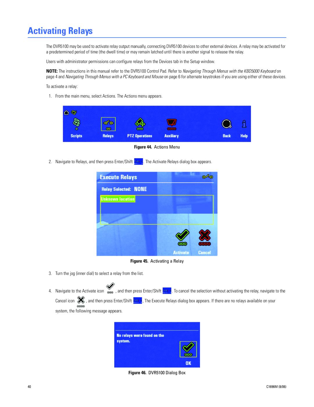 Pelco DVR5100 manual Activating Relays, Cancel icon, System, the following message appears 
