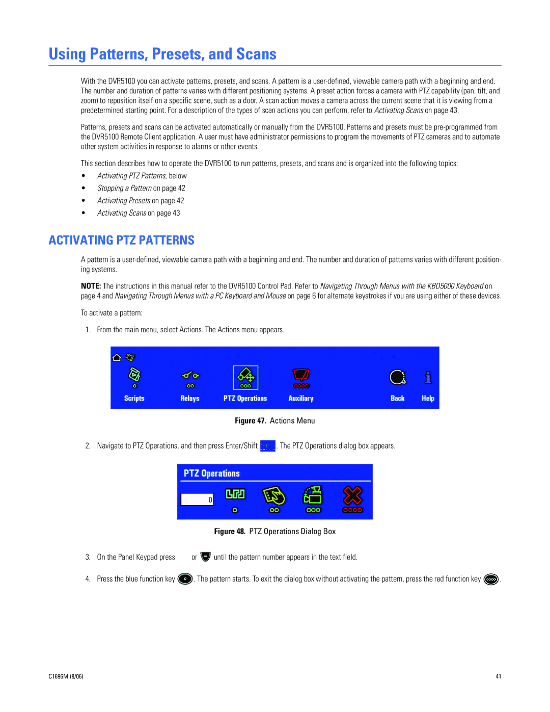 Pelco DVR5100 manual Using Patterns, Presets, and Scans, Activating PTZ Patterns 