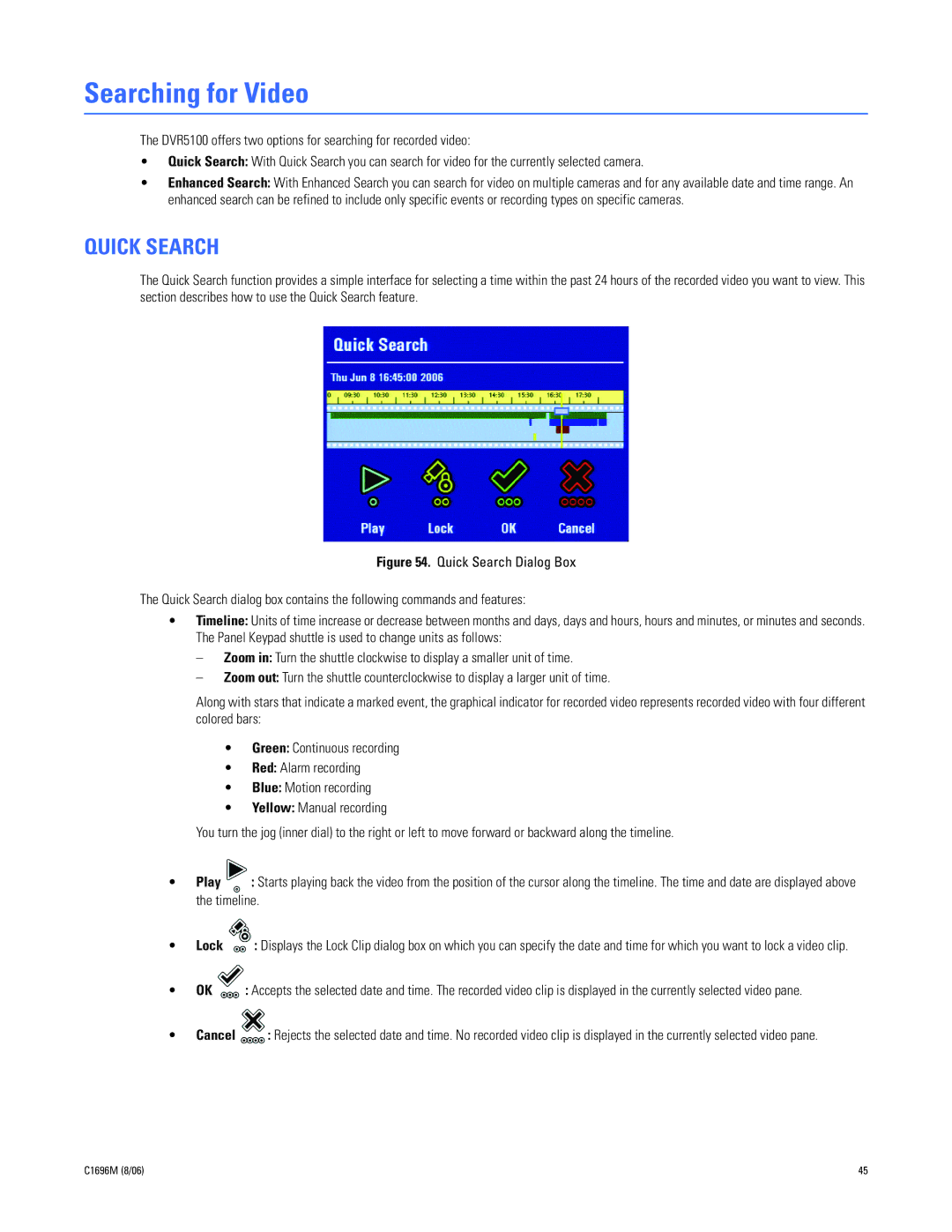 Pelco DVR5100 manual Searching for Video, Quick Search, Timeline 