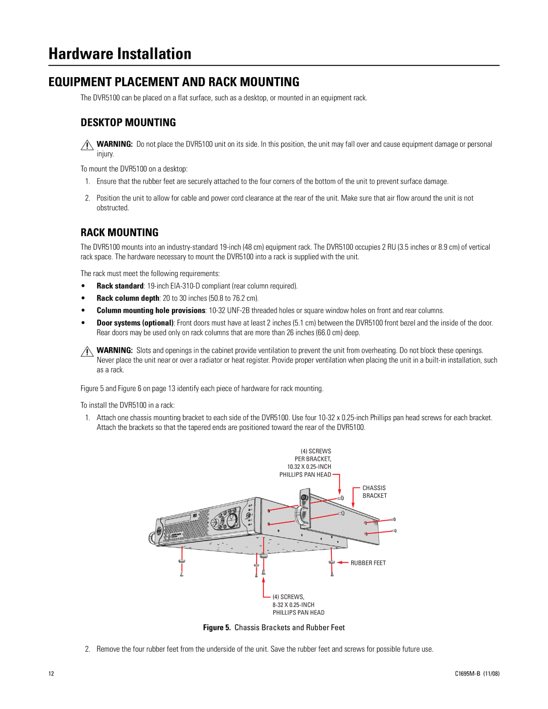 Pelco DVR5100 manual Hardware Installation, Equipment Placement and Rack Mounting, Desktop Mounting 