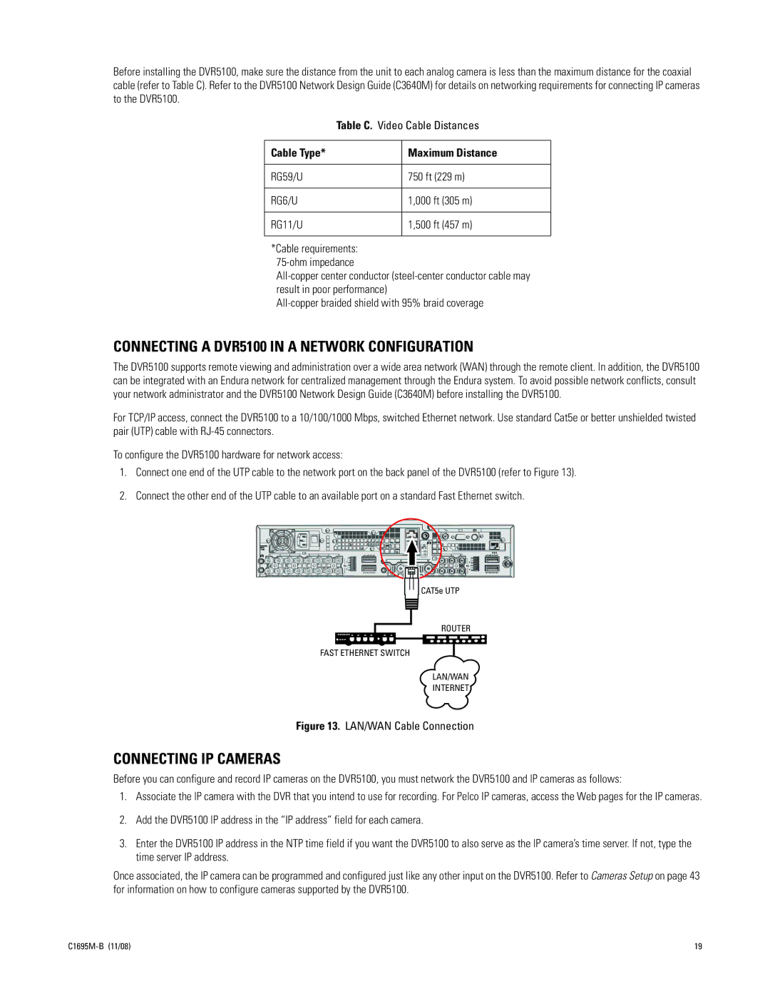 Pelco manual Connecting a DVR5100 in a Network Configuration, Connecting IP Cameras, Cable Type Maximum Distance 