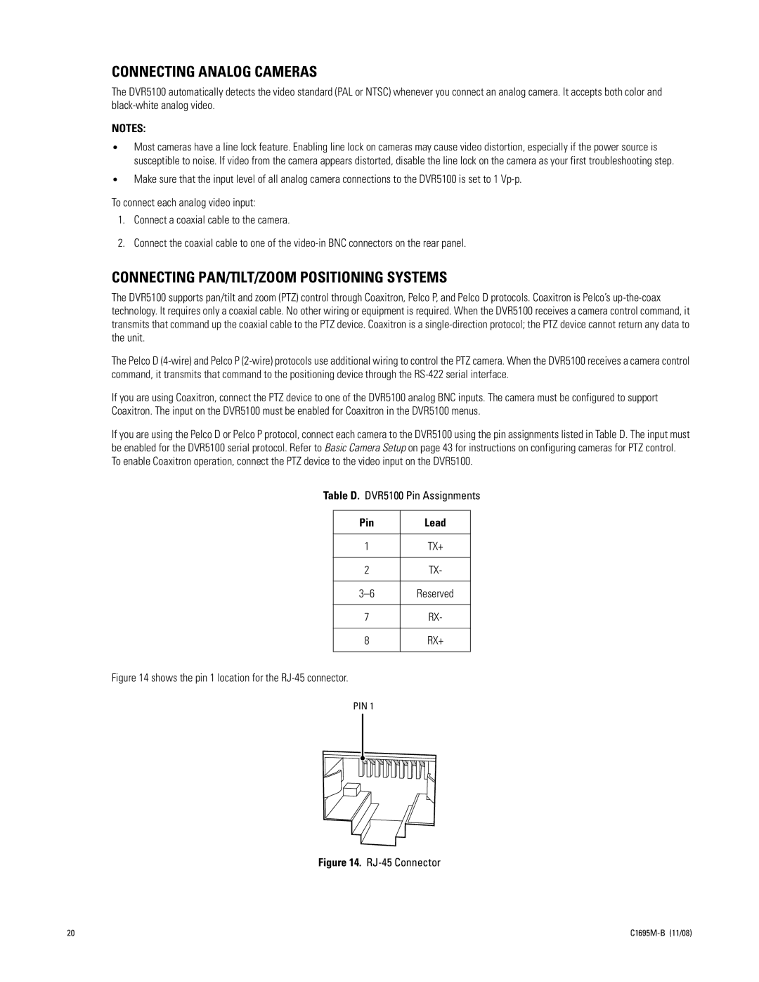 Pelco DVR5100 manual Connecting Analog Cameras, Connecting PAN/TILT/ZOOM Positioning Systems, Pin Lead 
